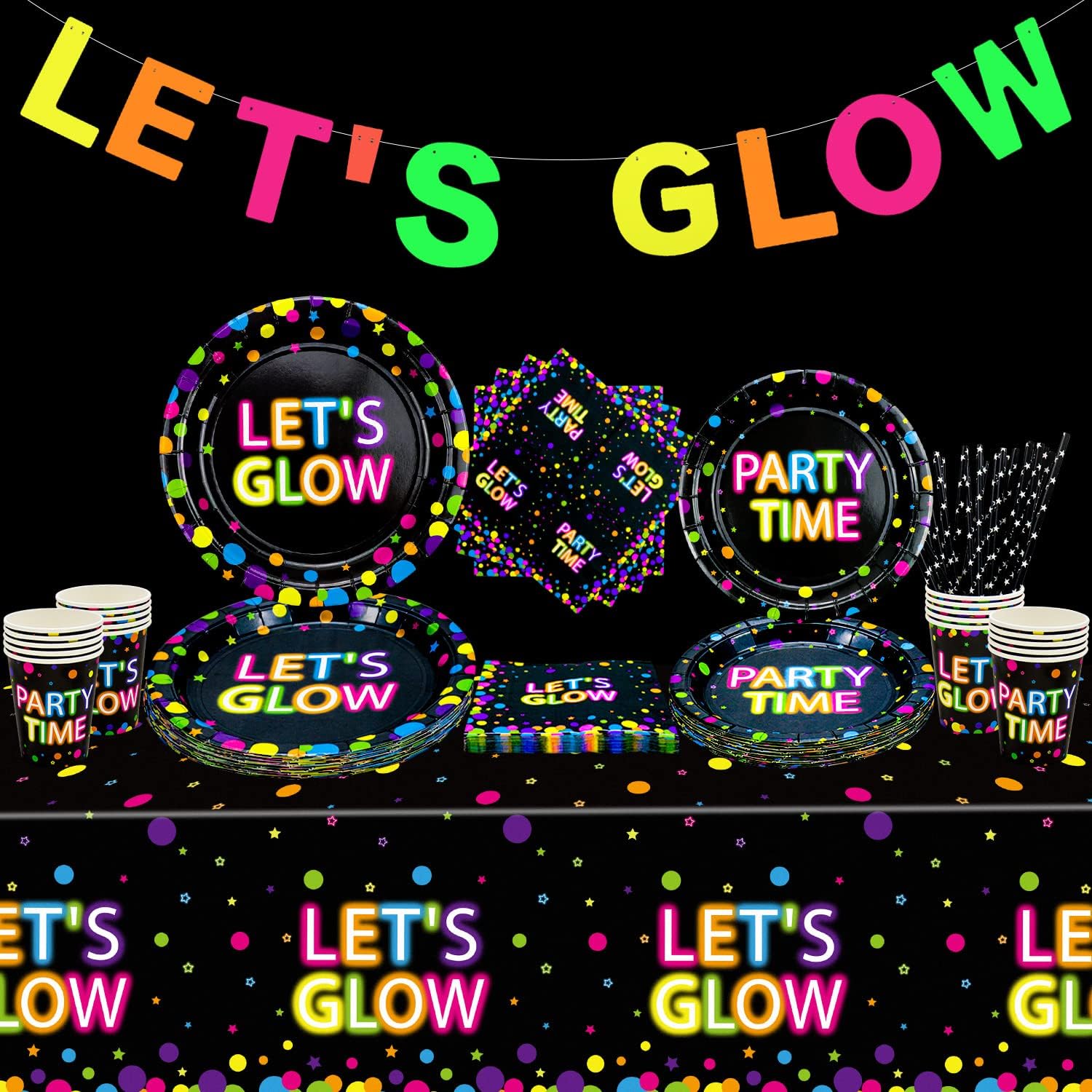 XJLANTTEGlow in The Dark Party Supplies - Include Glow in The Dark Banner, Plates, Cups, Napkins and Tablecloths for Glow Party Supplies Black Light Neon Party Decorations, Serve 20