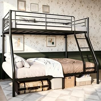 PVWIIK Metal Twin Over Full Bunk Bed | 750 Lbs Weight Capacity, Full Guardrail, Ladder Included, No Box Spring, Space Saving Black Frame for Kids & Adults