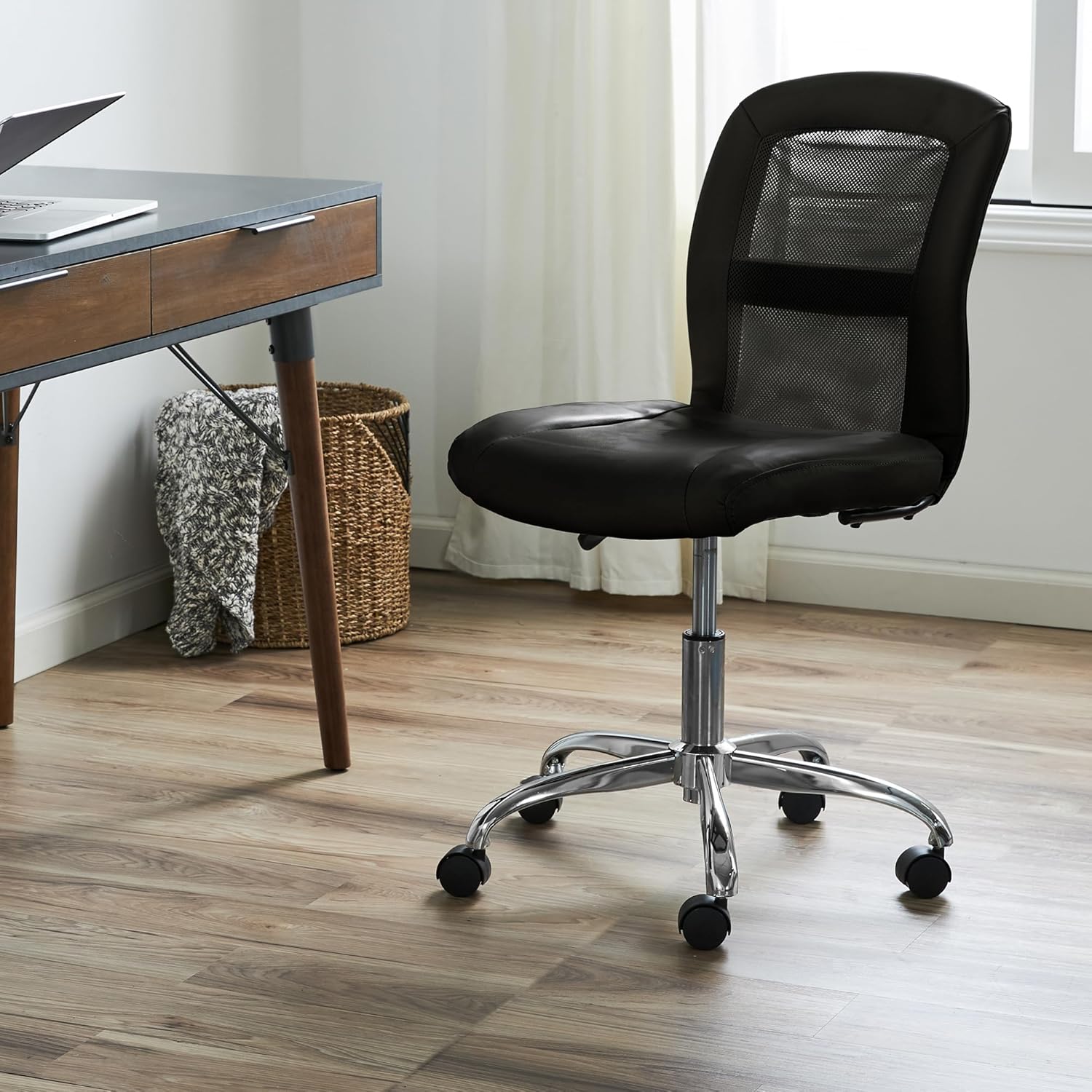 Serta Essential Armless TaskChair, Small Desk Chairs with Wheels, Breathable Mesh Back and Faux Leather, Quality Foam Cushion Seat for Comfort, Minimal Design for Vanity Table, Black - Image 2