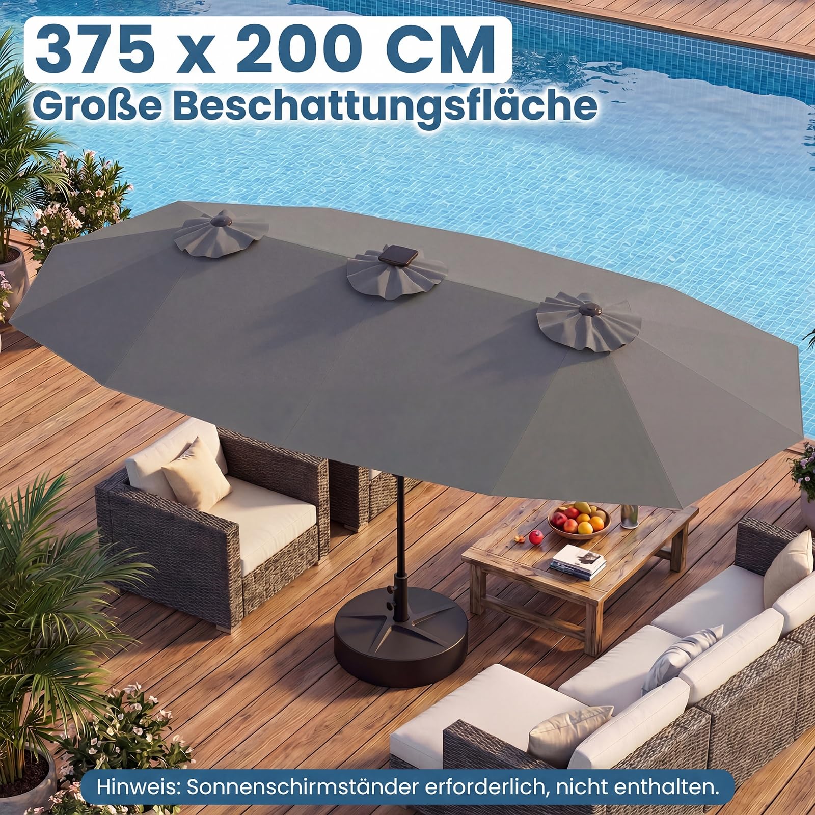 COSTWAY Doppelsonnenschirm 375x200cm, Doppel Sonnenschirm mit LED-Solar-Beleuchtung, 12 Beleuchtungsmodi, 2 Lademöglichkeiten, Gartenschirm mit Kurbel, Terrassenschirm, Marktschirm (Grau)