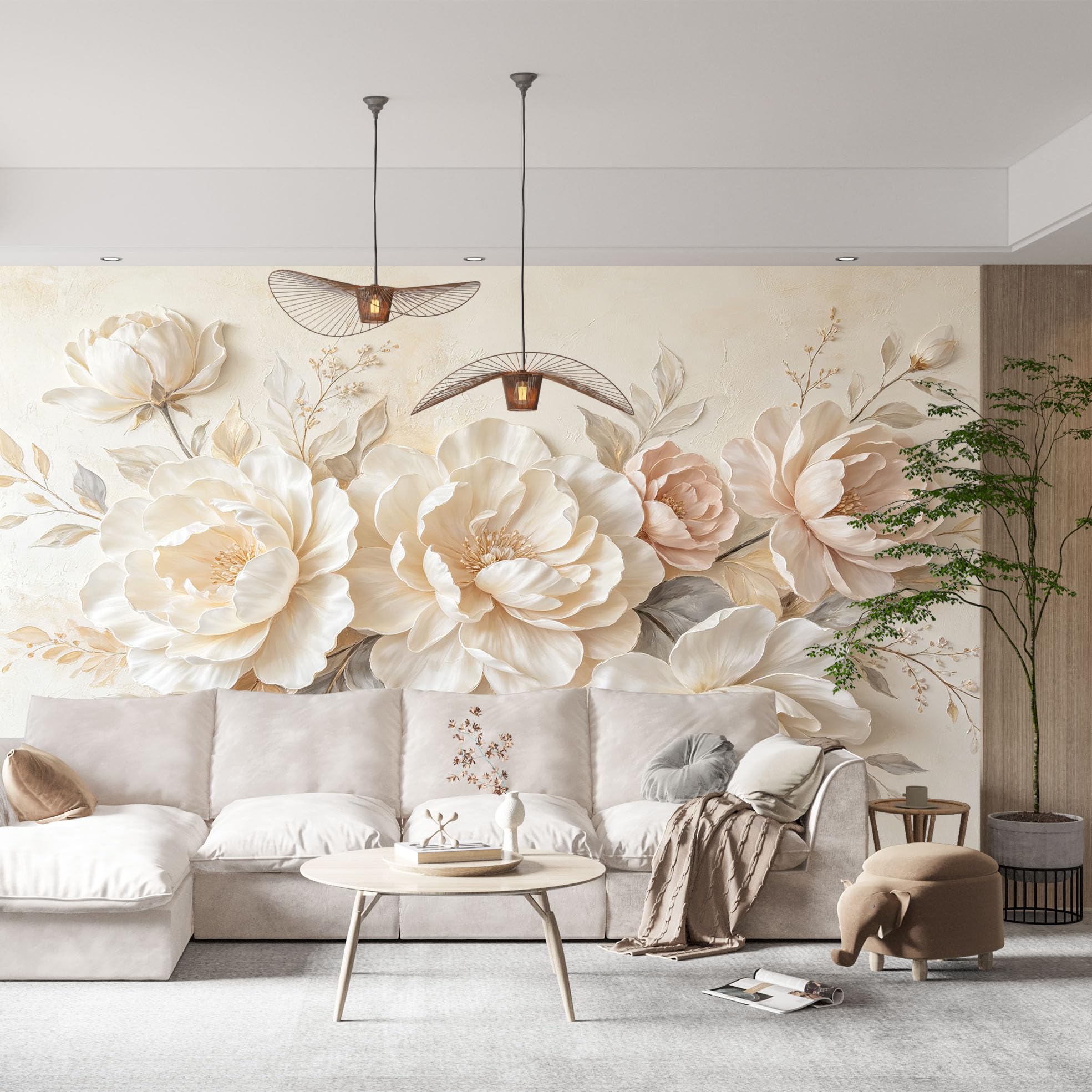 Duża biała piwonia kwiat fototapeta elegancka kwitnąca kwiatowa tapeta z włókniny nowoczesna luksusowa warstwowa płatek botaniczna fototapeta 200 x 140 cm kremowy beżowy cecha ściana do salonu