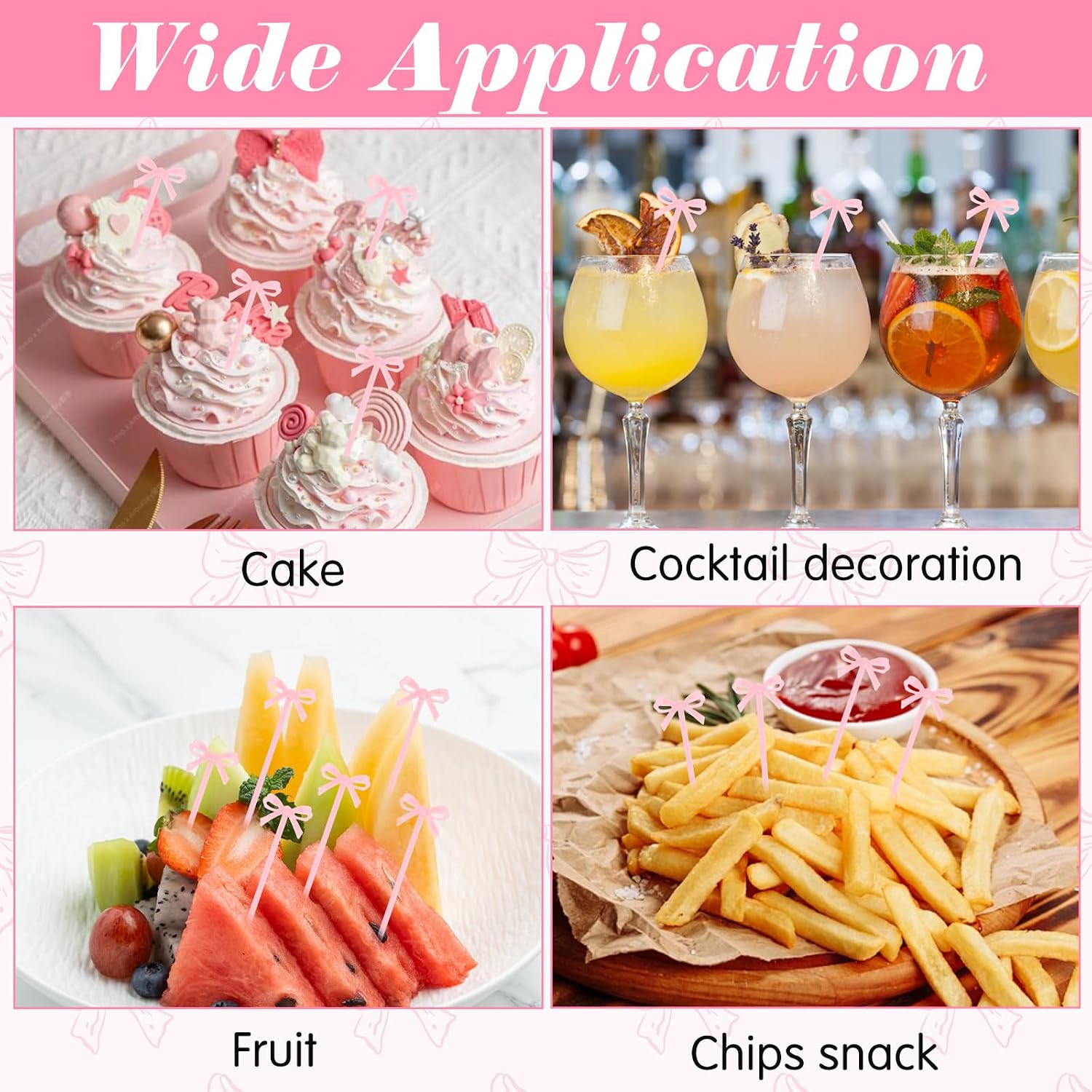 30Pcs Bow Cocktail Picks, 4 Inch Cute Pink Fruit Skewers for Party