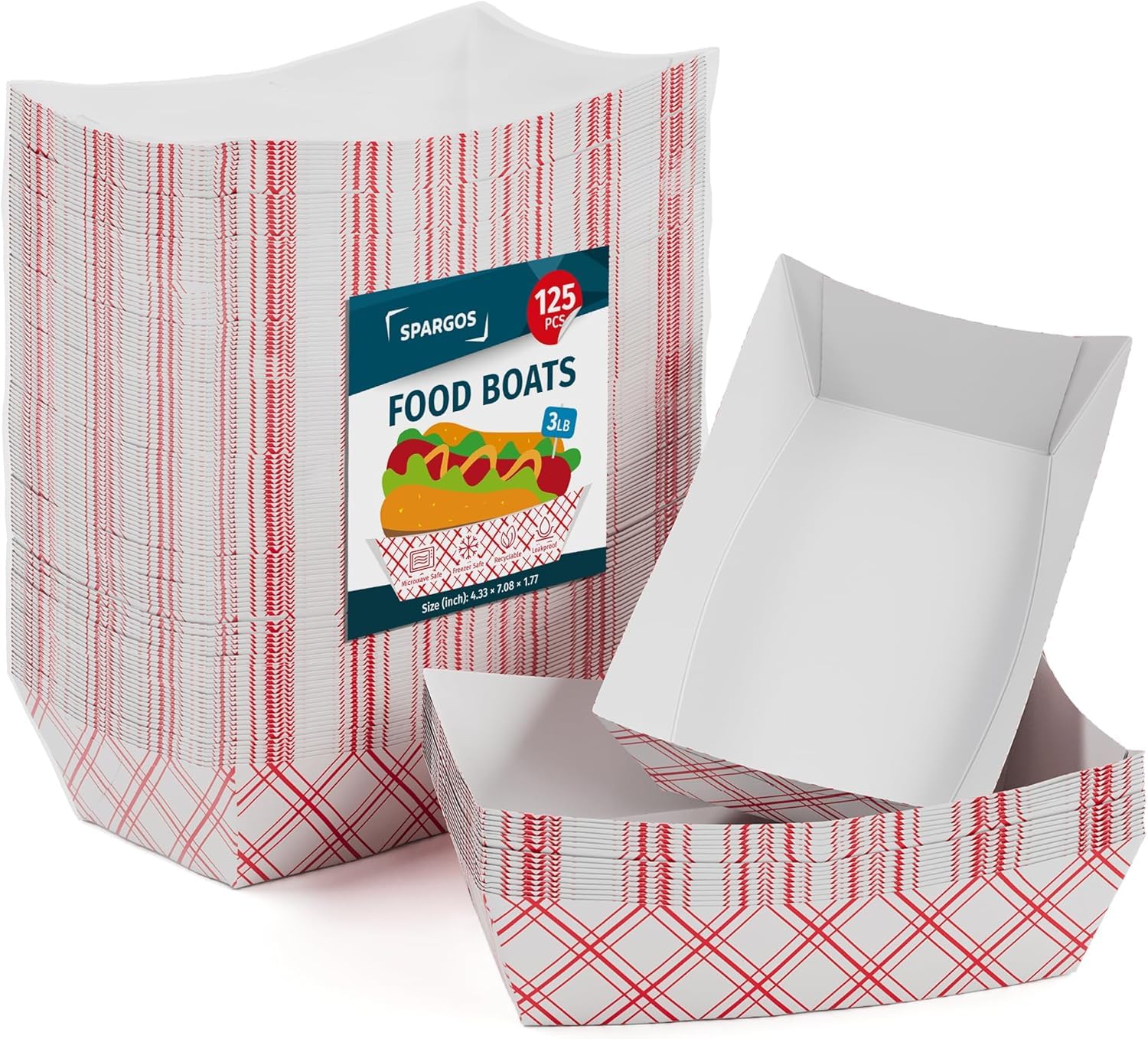 SPARGOS 3lb Paper Food Boats (125 Pack) – Red and White Checkered Nacho Trays for Parties – Disposable Hot Dog Boats & French Fry Holders – Grease