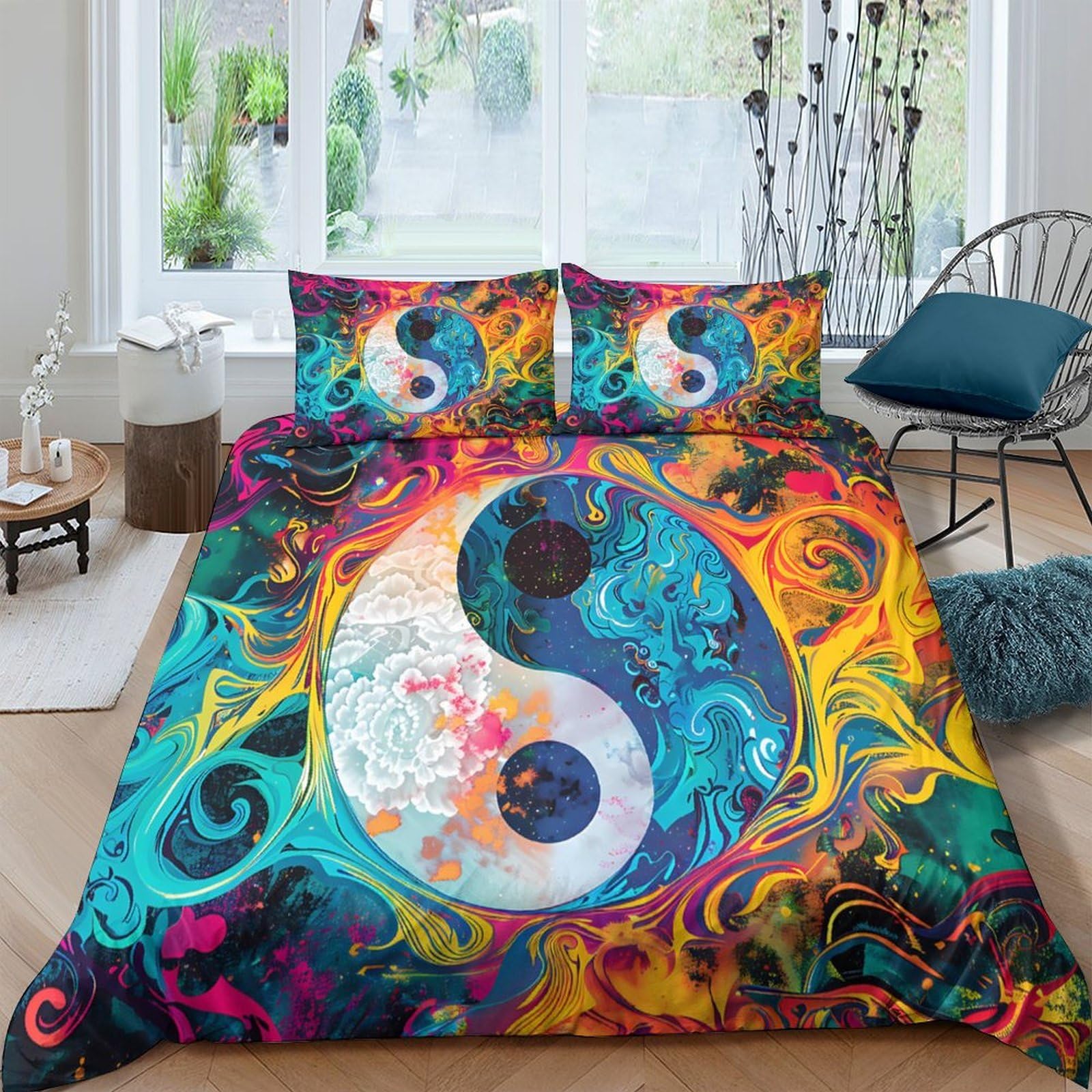 GPLZQXKJNH 3D Printed Yin Yang Duvet Cover Multicolour Microfiber Soft Breathable Abstract Swirl Bedding Set with 2 Pillowcases for Bedroom Home Single（135x200cm）