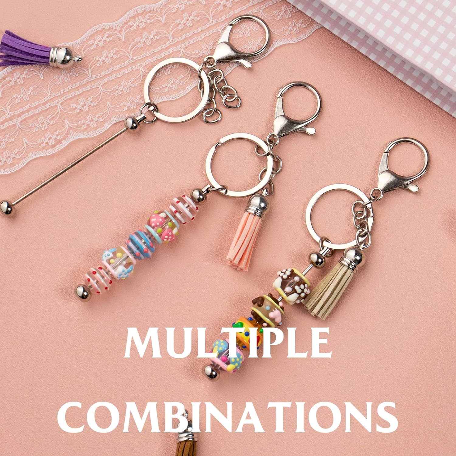Zioyihan 60 Pcs Beadable Keychain Bars - Metal Beaded Blank Strips and Colorful Leather Tassel Loose for DIY Pendant Jewelry Crafts (Silver)