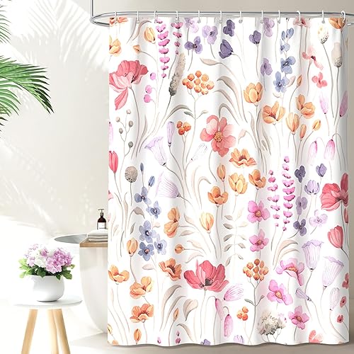 QiyI Cortina de ducha floral de acuarela, cortina de baño de primavera con flores rosas, decoración del hogar, cortinas de baño lavables a máquina,