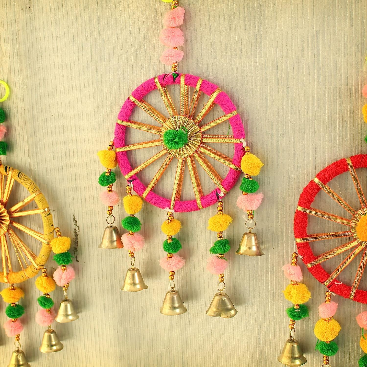 Eclectic Home E Home Decorative Wall Door Hanging Latkan Toran with Bells for Main Door Entrance Pooja Room Rajasthani Traditional Decoration Items (Multi, Set of 4, 30 cm x 13 cm)