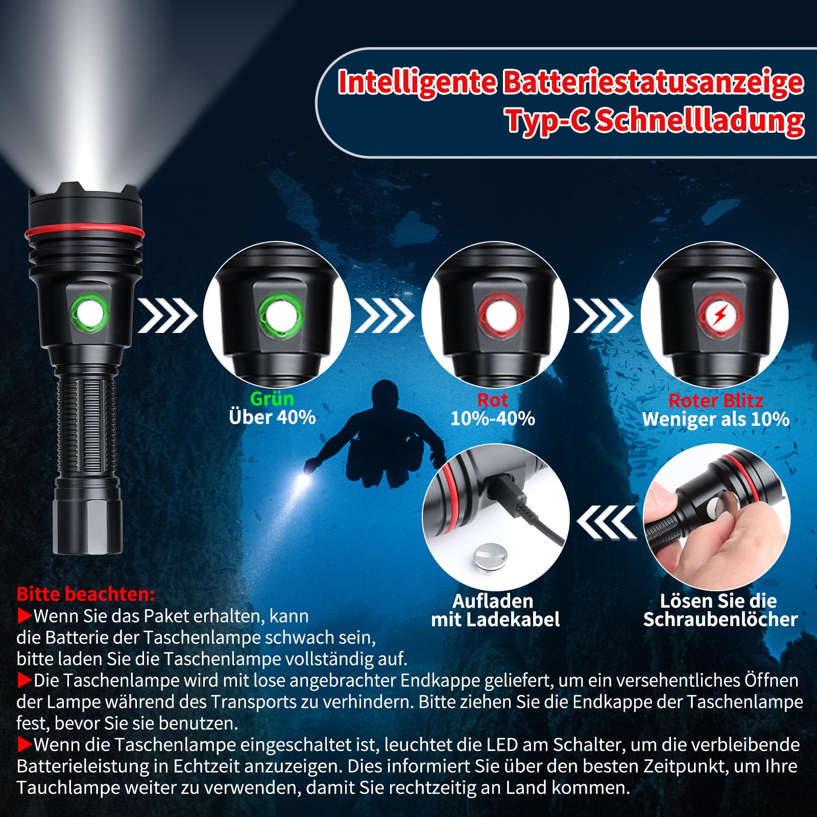 14S Unterwasser Taucherlampe 2000 Lumen – 6 Modi, superhell, USB-C wiederaufladbar, IP68 wasserdicht bis 100m für Nachttauchen, Schnorcheln & Gerätetauchen
