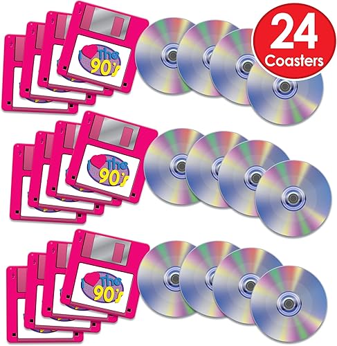 Miniatura 2 de Beistle 24 piezas de 1990 con tema retro CD y disquete, posavasos novedosos para fiestas de regreso a los 90, suministros de decoración