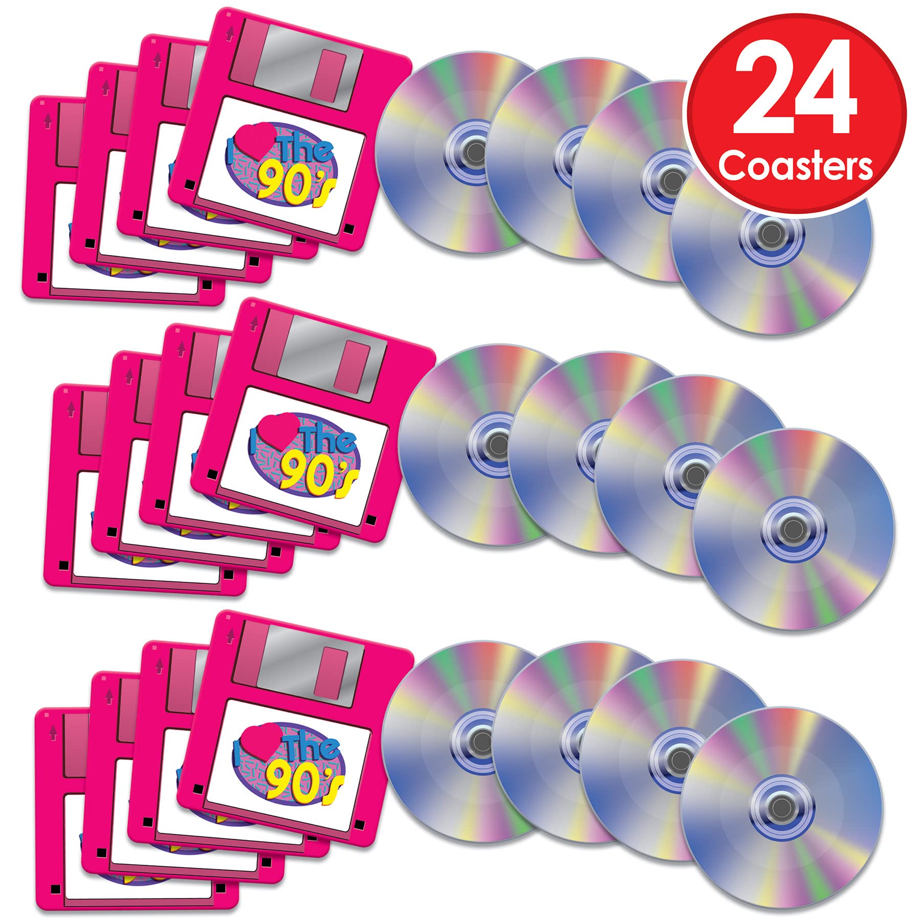 Beistle 24 Posavasos con diseño Retro de los años 90 con diseño de CD y Disquete para Bebidas para Fiestas de los años 90
