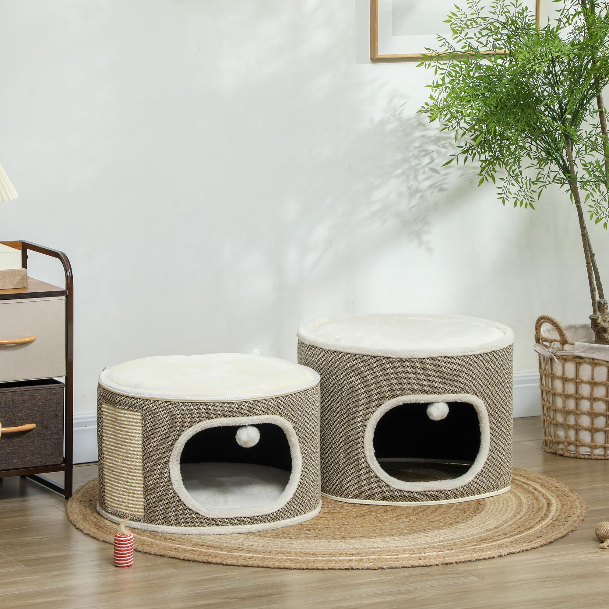PawHut Kratztonne, Kratzbaum mit Spielbällen, 69 cm hoch Katzenturm mit 2 Höhle, Katzentonne aus Sisal, für Katze bis 6 kg, Kaffeebraun+Cremeweiß