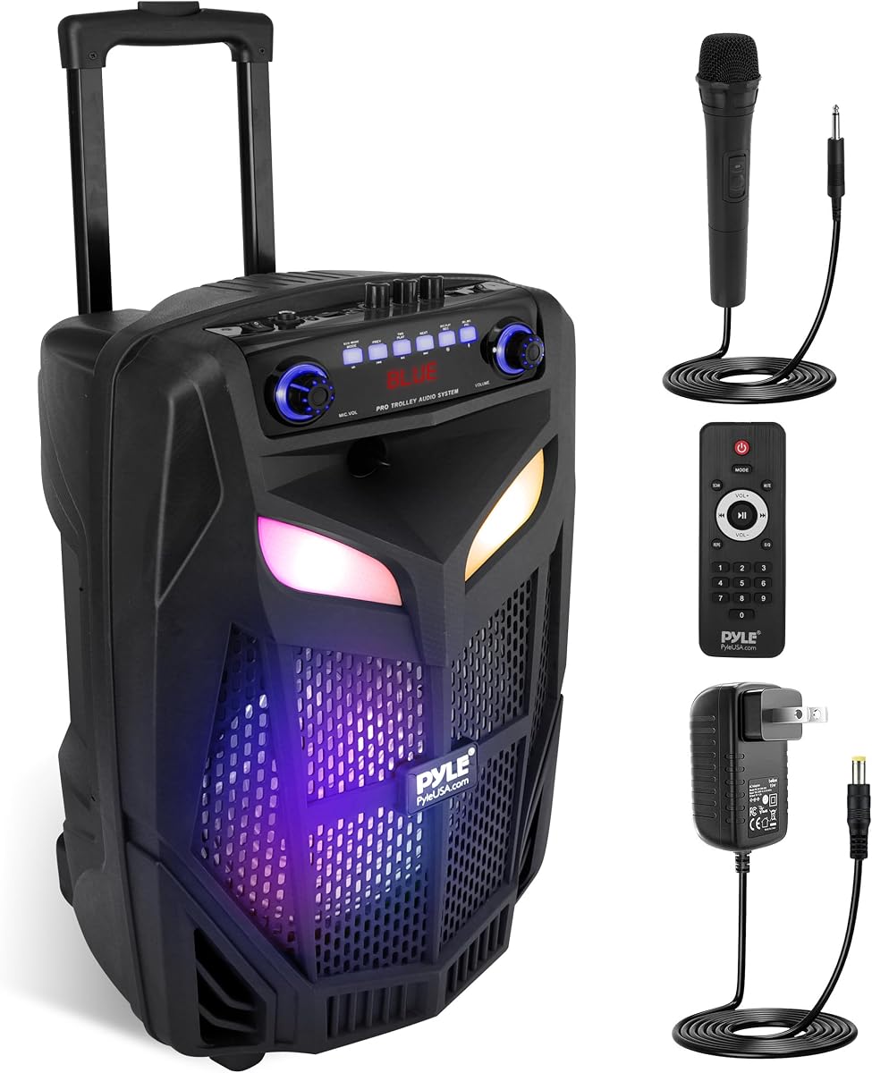 Sistema de altavoces Bluetooth portátil Pyle de 800 W, subwoofer ruidoso de 12 pulgadas y micrófono inalámbrico, el altavoz Pa es inalámbrico e incluye ruedas y duración de batería de 4 horas, para karaoke, fiestas y actividades al aire libre