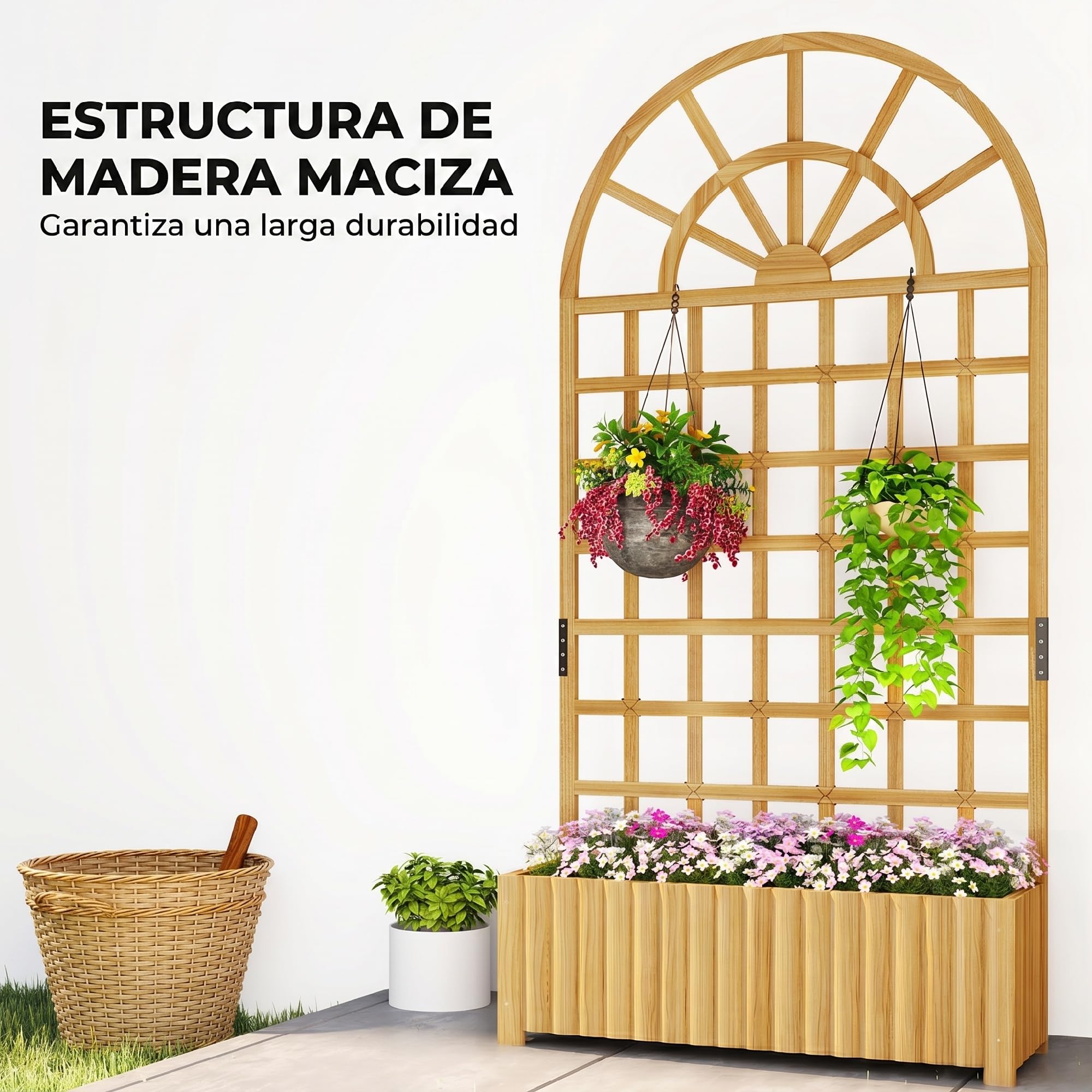 Outsunny Jardinera con Enrejado de Madera, Jardinera Exterior Grande para Plantas Trepadoras, con Ofricios de Drenaje, Macetero Elevado para Jardín, Patio, Terraza, 90x30x180 cm, Natural