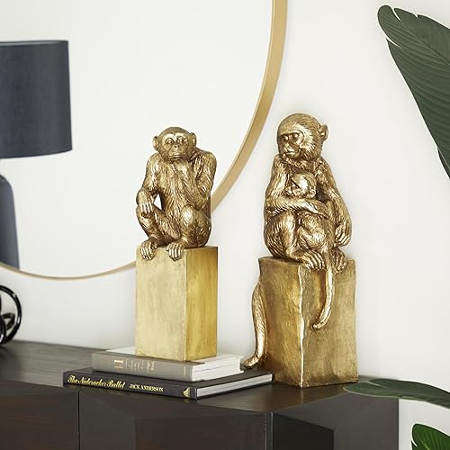 Miniatura 5 de Deco 79 Escultura decorativa de mono de resina para decoración del hogar, juego de 2 figuras decorativas de 18 pulgadas, 15 pulgadas de alto, dorado