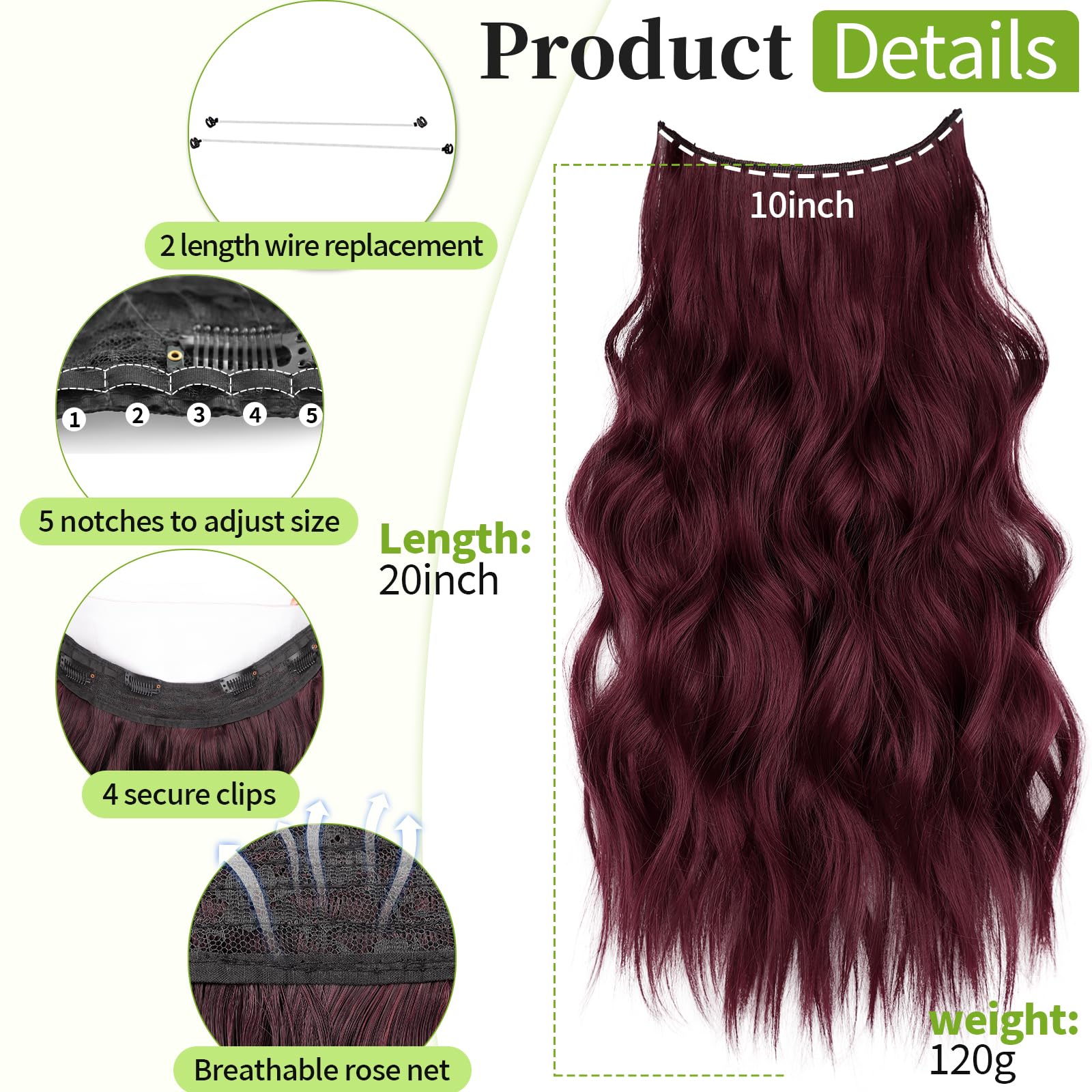 KooKaStyle Invisible Wire Hair Extensions with Transparent Headband Adjustable Size 4 Secure Clips Long Wavy Secret Wire Hairpiece 20 Inch 18H24#Medium Brown Ash Blonde for Women: 20 Inch Burgundy