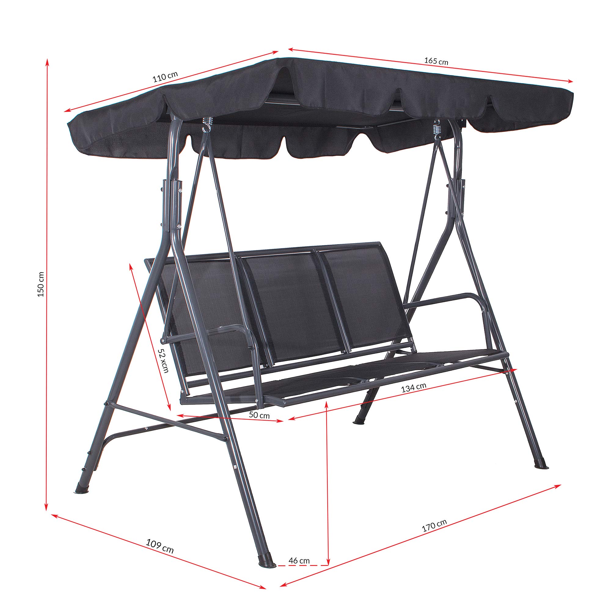 Springos Fiona - Columpio de jardín con toldo, banco del columpio para 3 personas, alto x ancho x profundidad: 150 x 170 x 109 cm, color negro