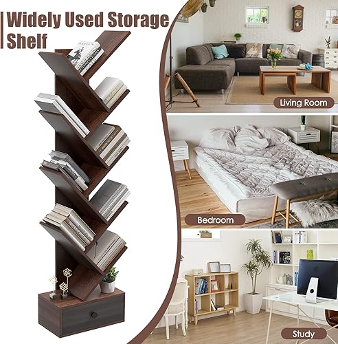 Miniatura 9 de Tangkula Estantería de árbol de 5 niveles con cajón estantería rústica de 5 estantes que ahorran espacio estantes organizadores de madera retro para
