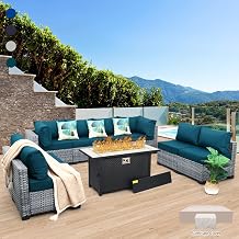 Outdoor Sectional Patio Furniture 45 In Fire Pit 9-Piece Patio Sectional Outdoor Furniture 60000 BTU Steel Propane Fire Pit Table Glass Wind Guard No-Slip 5" Cushions Waterproof Covers, Peacock Blue