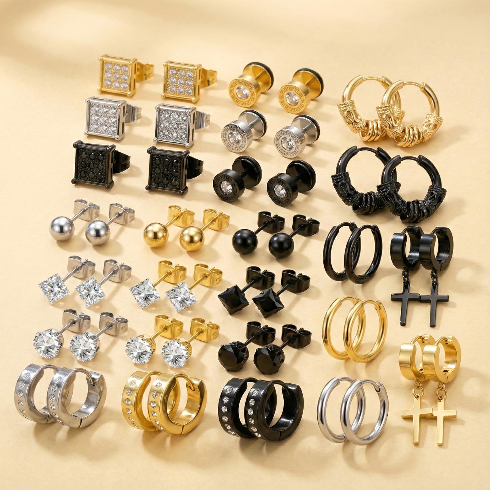 25 Pairs Earrings Set for Men and Women, Black Silver 14K Gold-Plated Mixed Earring Studs Kit Fashion Ear Piercing Jewelry Cross Dangle Hoop