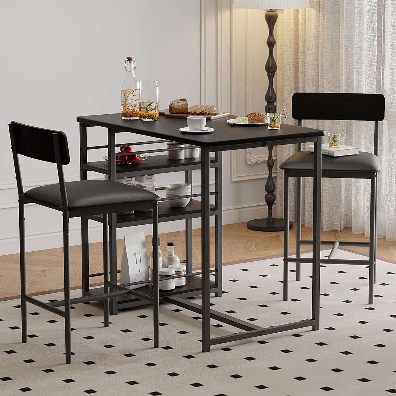 GAOMON Dining Table Set for 2, Counter Height Kitchen Table and Chairs, Tall Bar Table Set with 2 Upholstered Bar Stools, 3 Piece Dining Room Table Set for Small Space, Apartment, Black