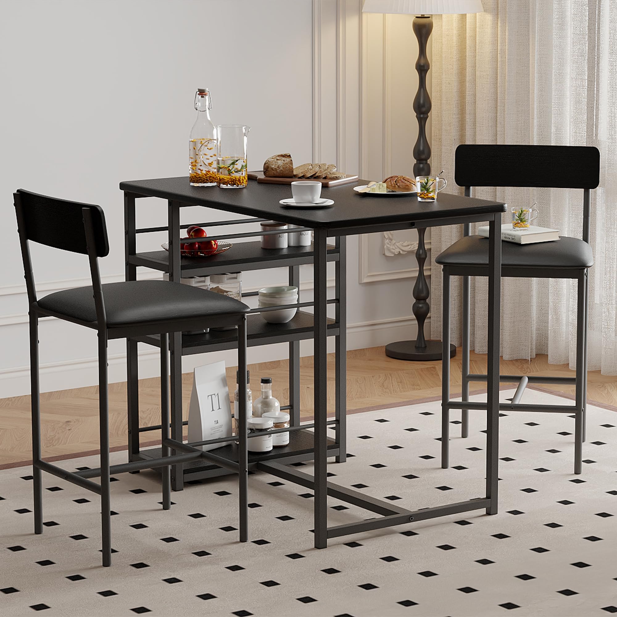 Set Tavolo da Bar con 2 Sgabelli Imbottiti e Tavolo Alto con 3 Ripiani di Stoccaggio, Set Tavolo da Cucina Salvaspazio per Piccoli Spazi, Tavolo da Pranzo per Casa, Bistrò e Monolocale, Nero