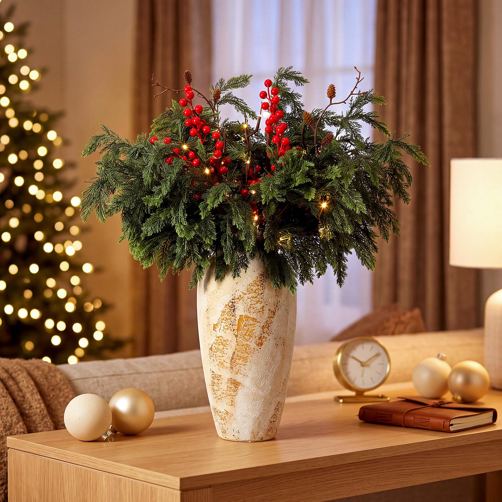 Moucuny Lot de 10 branches de cèdre de Noël artificielles de 55,9 cm, 2 baies rouges, 2 pommes de pin avec 2 branches lumineuses LED pour loisirs créatifs