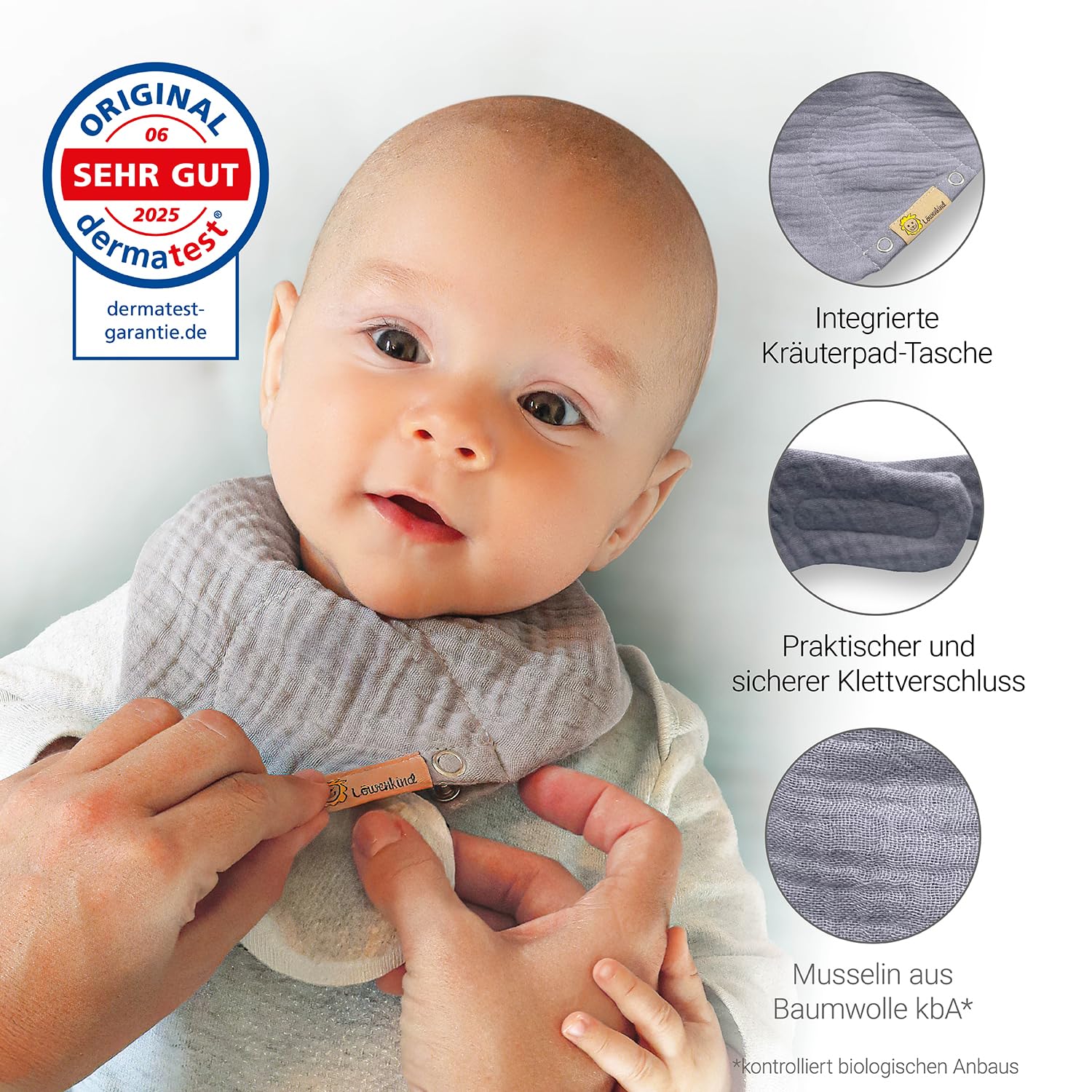 LÖWENKIND Rundum-Sorglos-Special für gängige Kinderwehwehchen | Erkältungszeit, Zahnen, Schlafen, Bauchbeschwerden, Unruhe | 5x5 natürliche Kräuterpads | Musselin-Halstuch aus Bio-Baumwolle (Pistazie) - 4