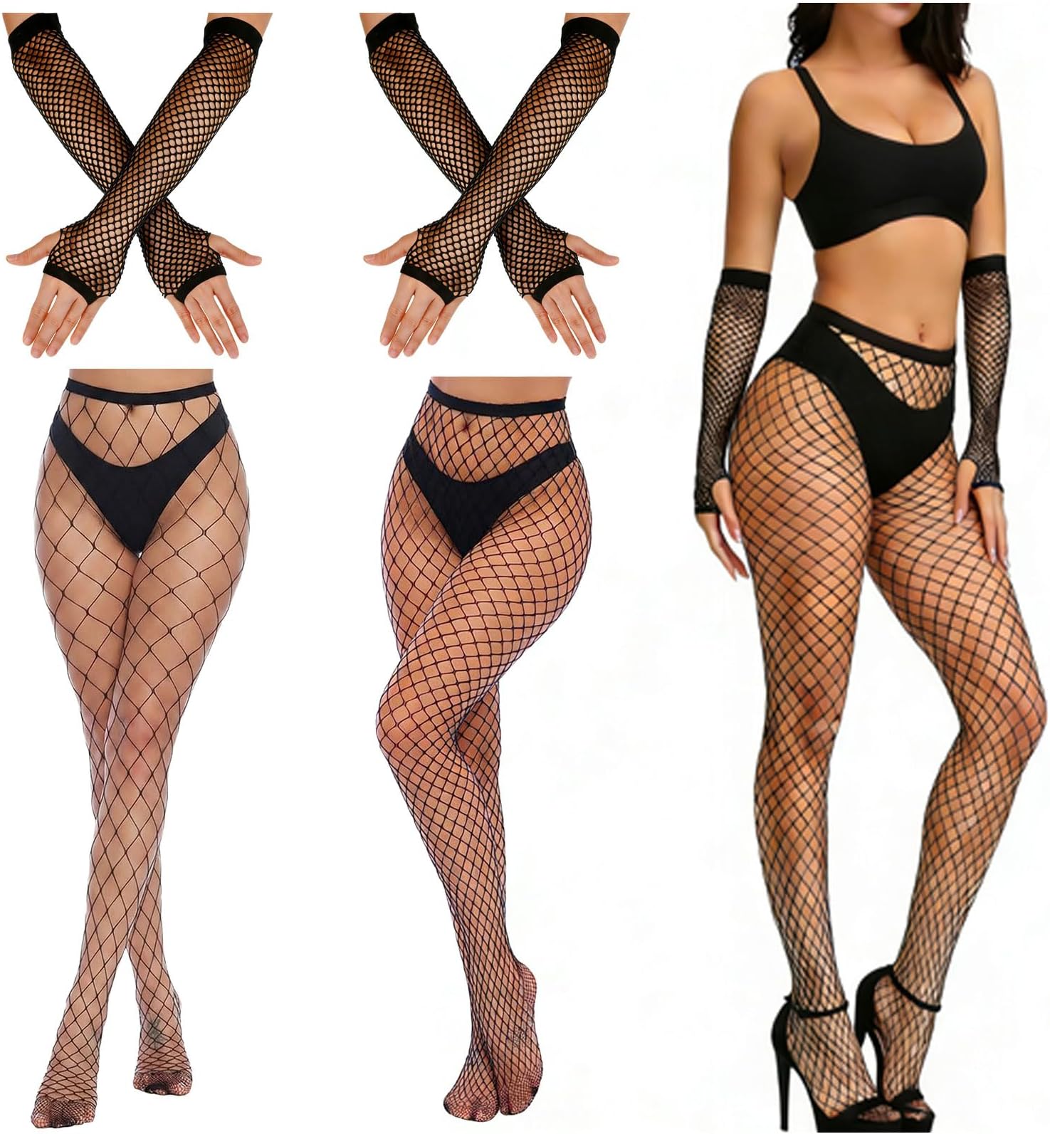 Fish Nets Leggings and Fishnet Arm Sleeves Set for Womens Costumes Black Mesh Tights High Stockings Gloves