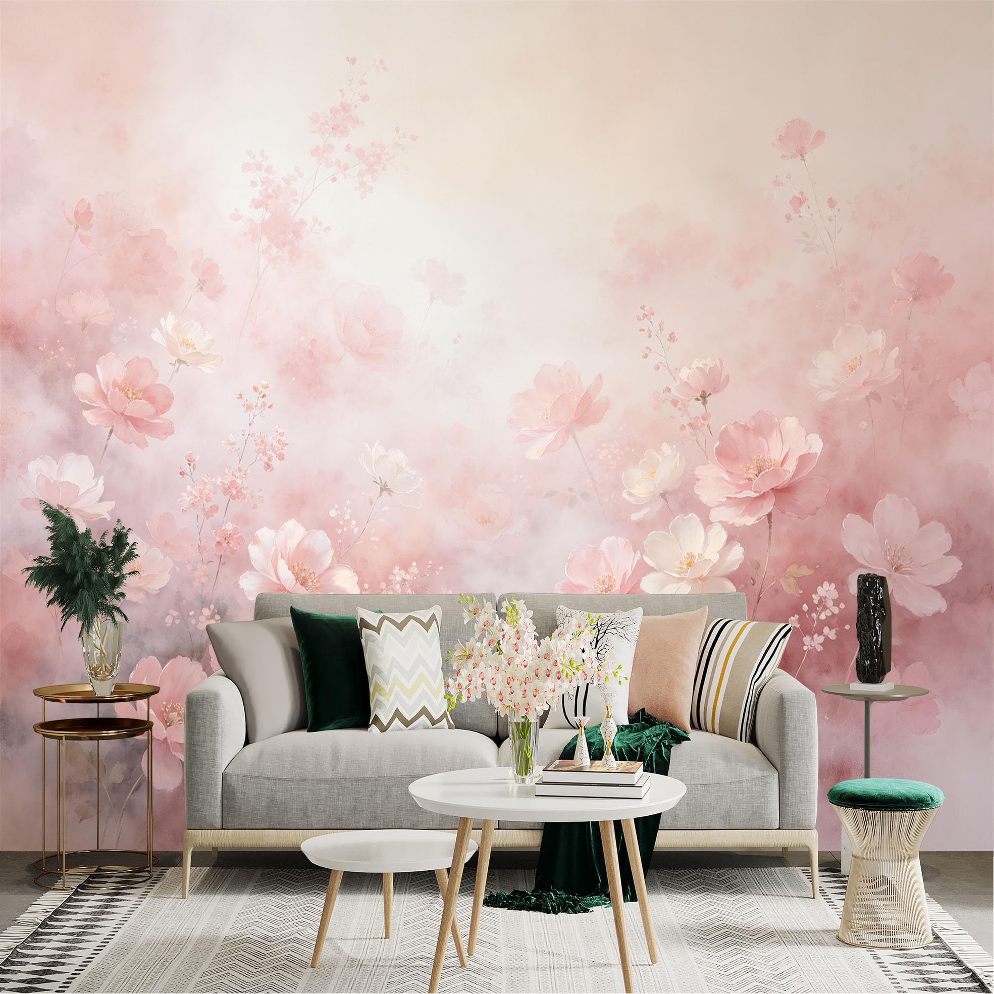 Lnzczhyre Dbh260521679 Custom Size Wall Sticker Mural， Soft Pastel Pink Flowers， Ethereal Blossoming Petals， Romantic Watercolor Garden， Dreamy Floral Aesthetic， For Wall Decoration， Peelandstick Wall Decals.