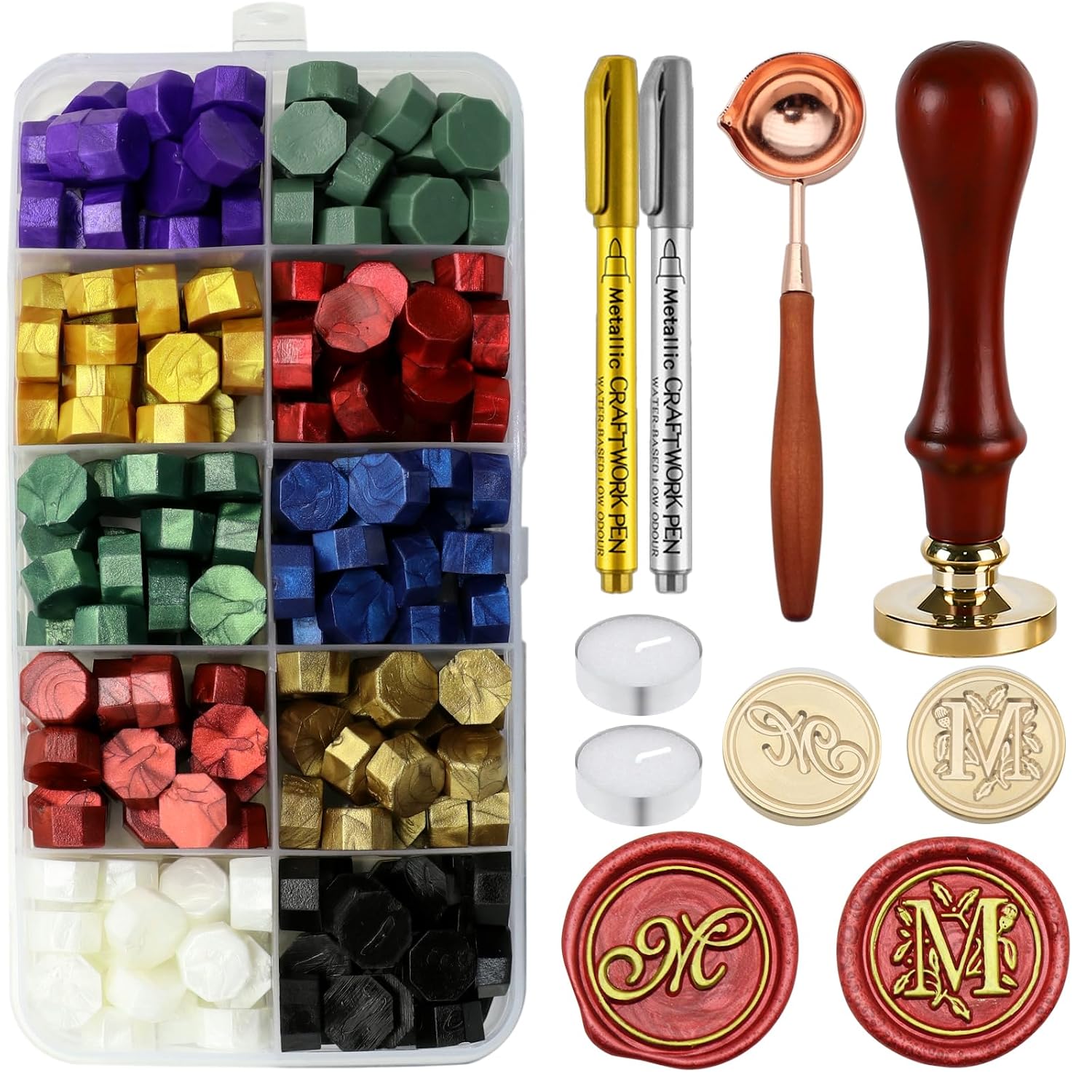 Letter Wax Seal Stamp Kit - Initial Alphabet M Stamp Head 2pcs, Vintage Monogram Stamps Wax Seal Kit with 200pcs Assorted Sealing Beads, Spoon, Metallic Gold Silver Pens