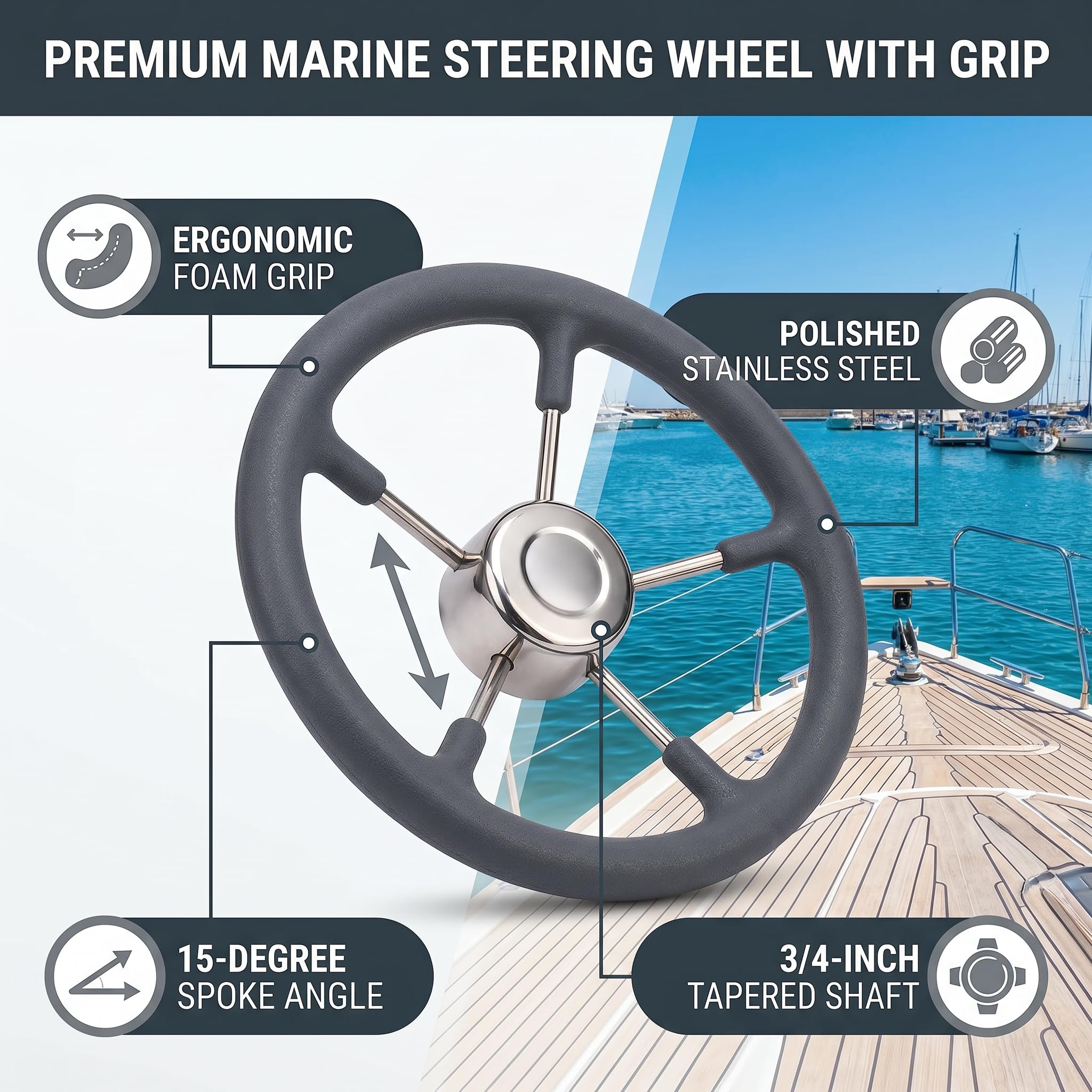 Naroote Volante para Barco de Acero Inoxidable de 13 Pulgadas, Rueda Marina de Acero Inoxidable 304, Rueda de 5 Radios de 15 ángulos con Agarre de Espuma, Ideal para Barcos con Eje Cónico Estándar