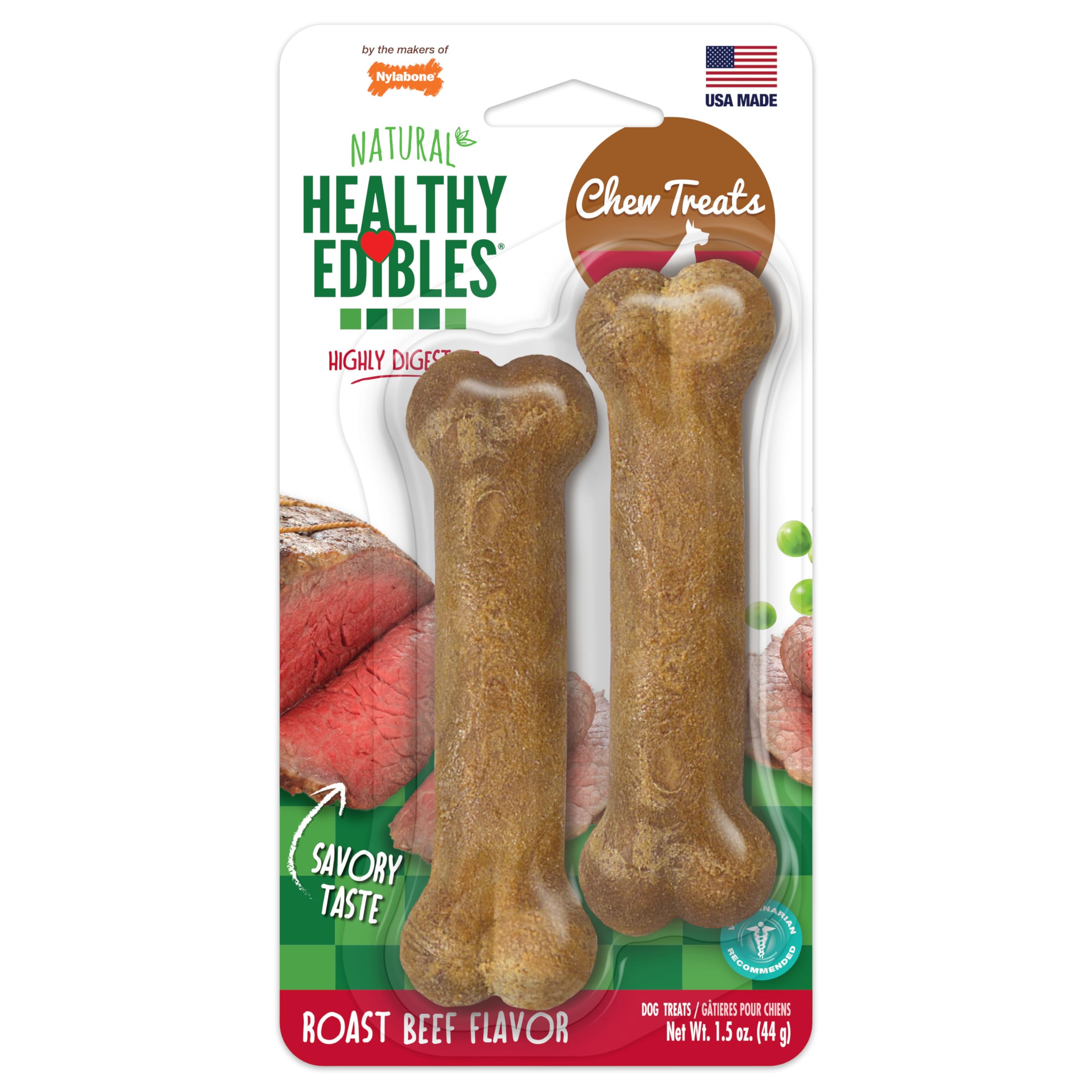 Nylabone Healthy Edibles Natural Dog Chews, Long Lasting Bones for Dogs, Roast Beef Flavor Dog Treats, X-Small (2 Count)