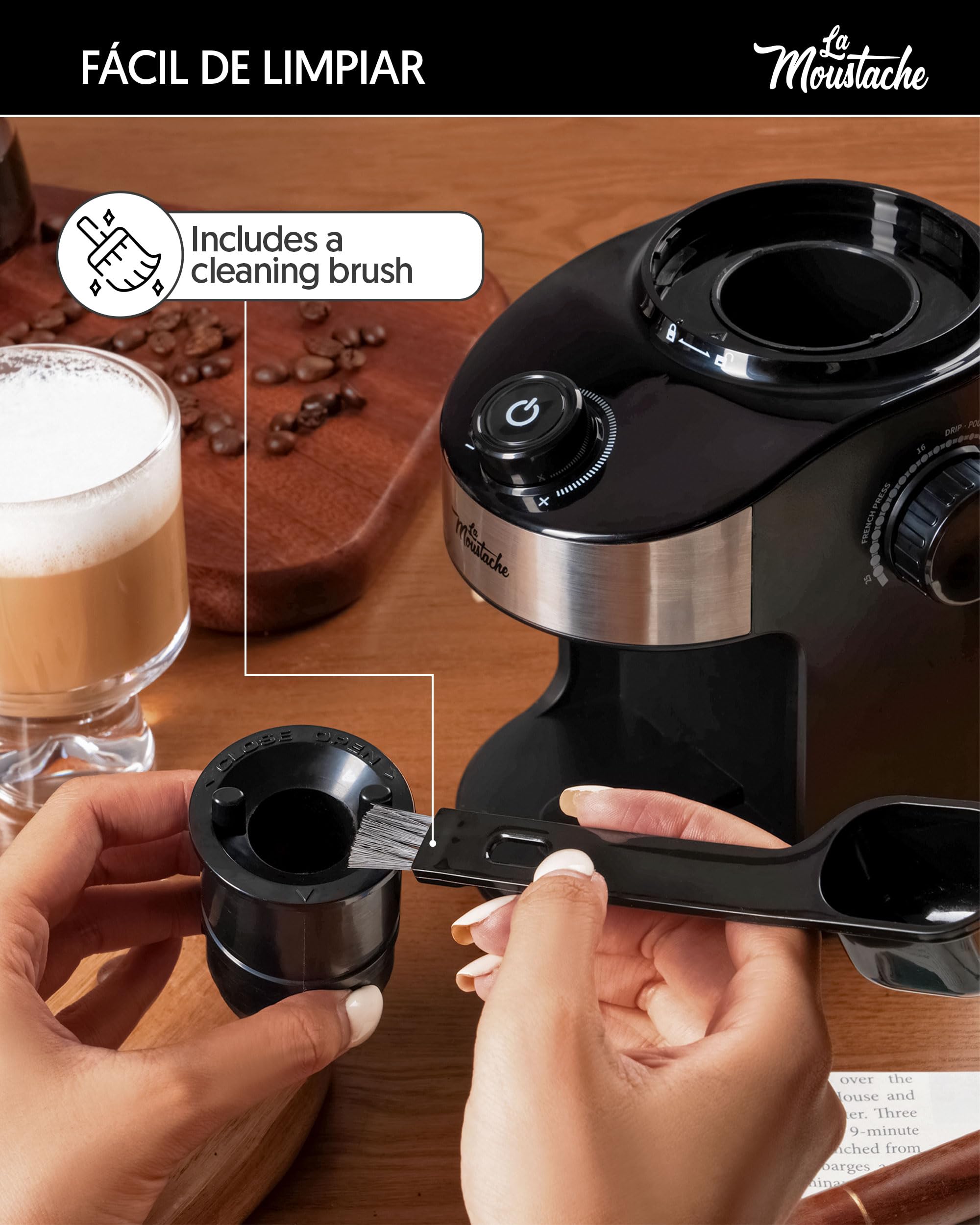 La Moustache - Electric Coffee Grinder 200W with Stainless Steel Burrs, Flat Burr Mechanism with 25 Degree Grinding, Capacity of 190g, Includes Brush, Timer (GrindMaster Black