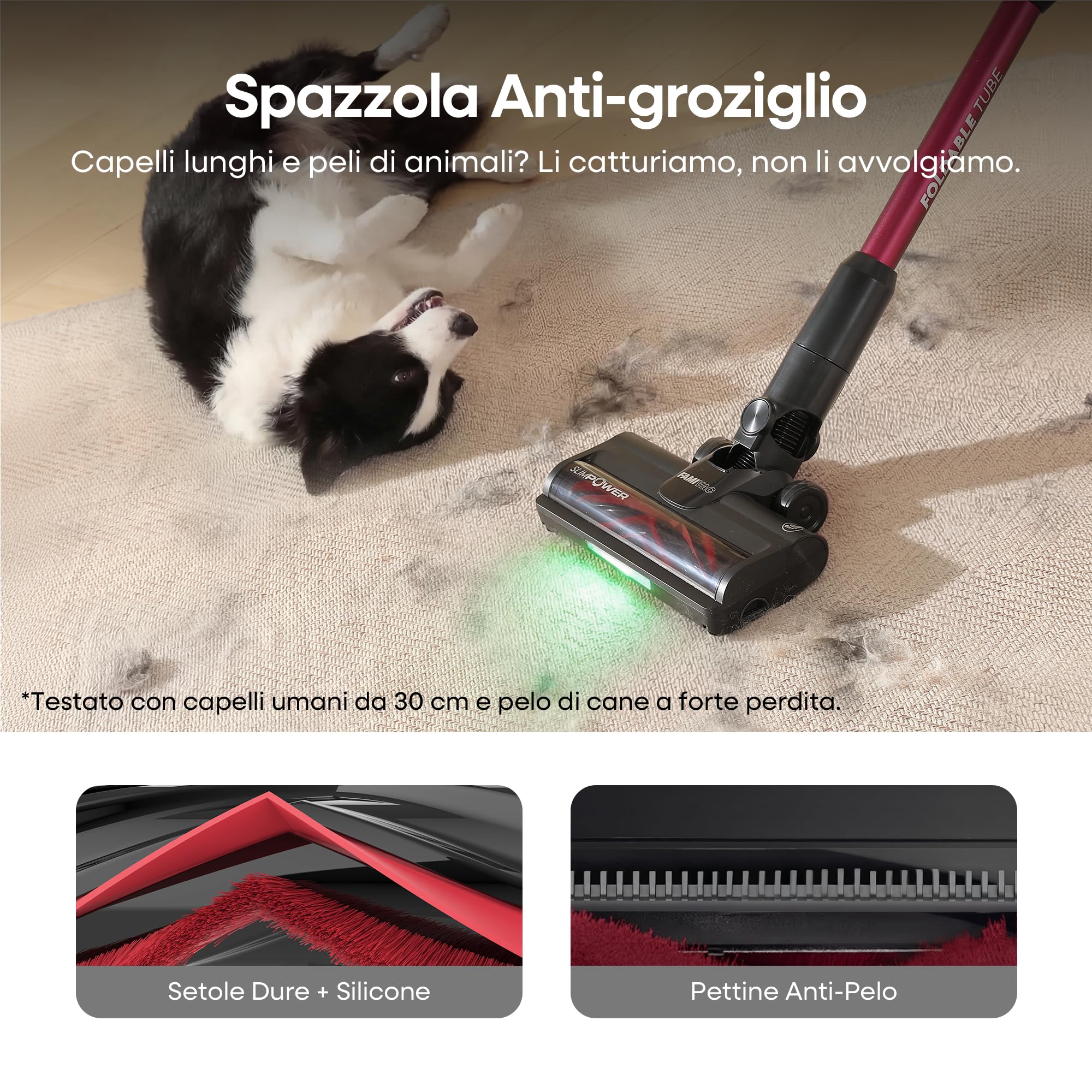 FAMIVAC FV3 Aspirapolvere senza Fili 60KPa/50Min/120㎡, Tubo Pieghevole, Autoportante con Spazzola Antigroviglio, Luce Verde, Scopa Elettrica Potente per Pavimento Duro/Moquette/Peli Animali/Auto