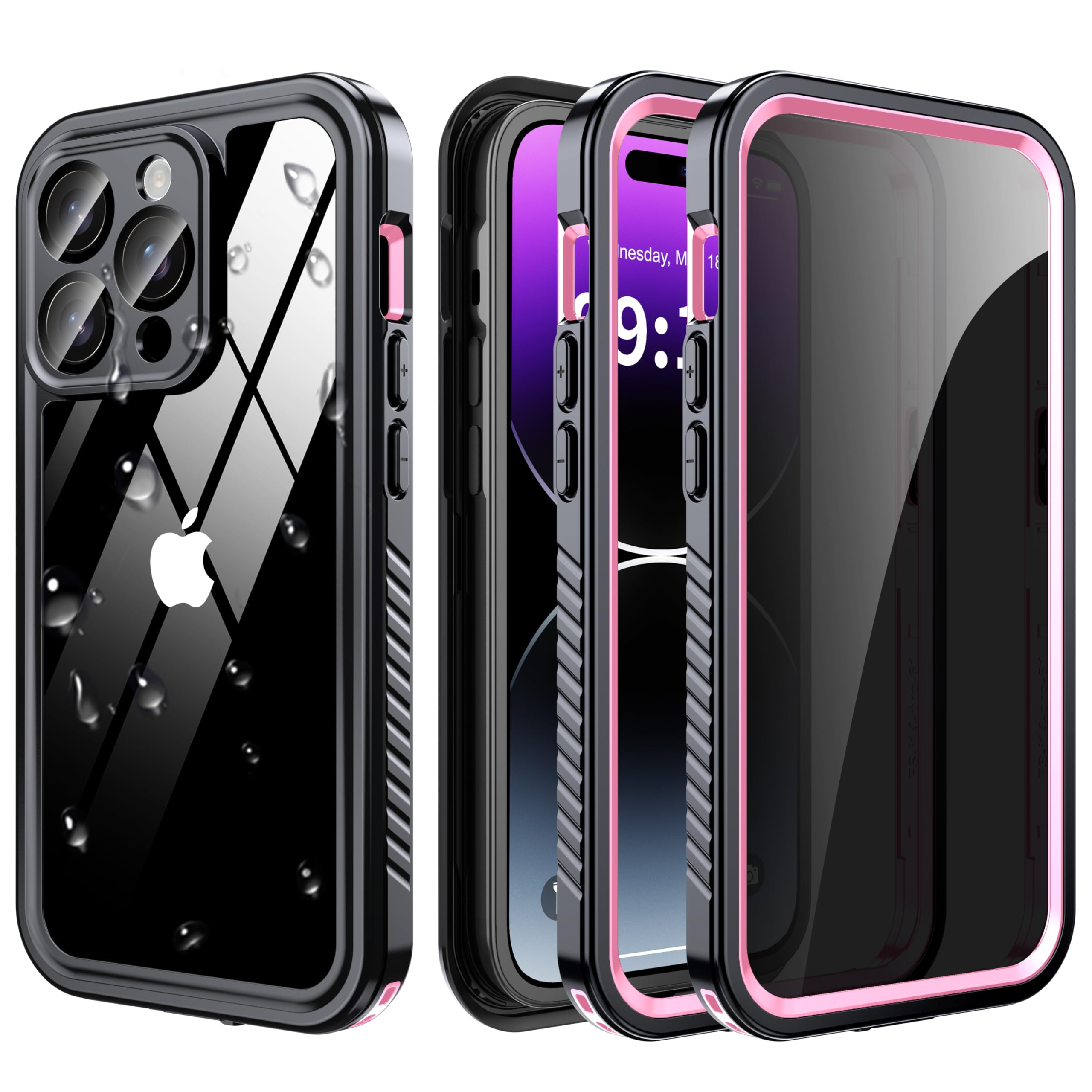 AMILIFECASES for iPhone 14 Pro Case IP68 Waterproof, Pink | Built-in Privacy Screen Protector & HD Screen Protector, Shockproof Dustproof Full Body