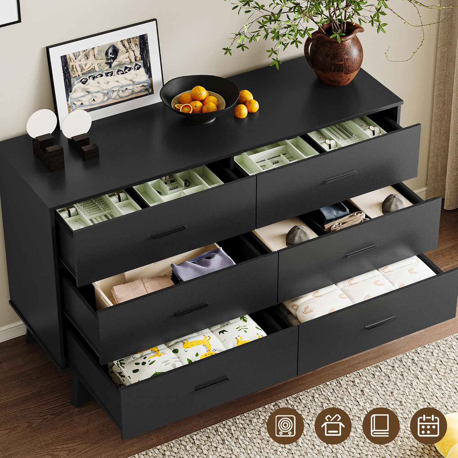 A black 6-drawer dresser with several drawers open, revealing neatly organized clothes and accessories inside.