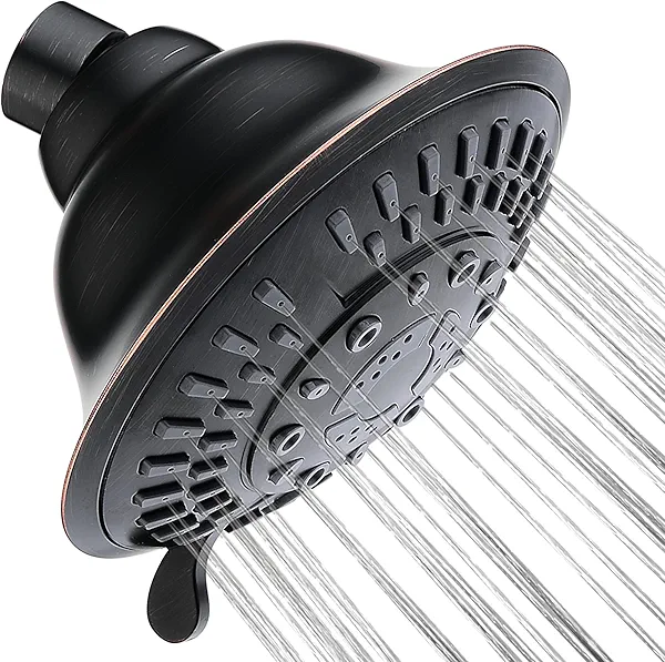BRIGHT SHOWERS High Pressure Rain Shower Head, Fixed Shower Head with 5 Spray Settings, Adjustable Angle and Anti-Clog Nozzles, Oil Rubbed Bronze