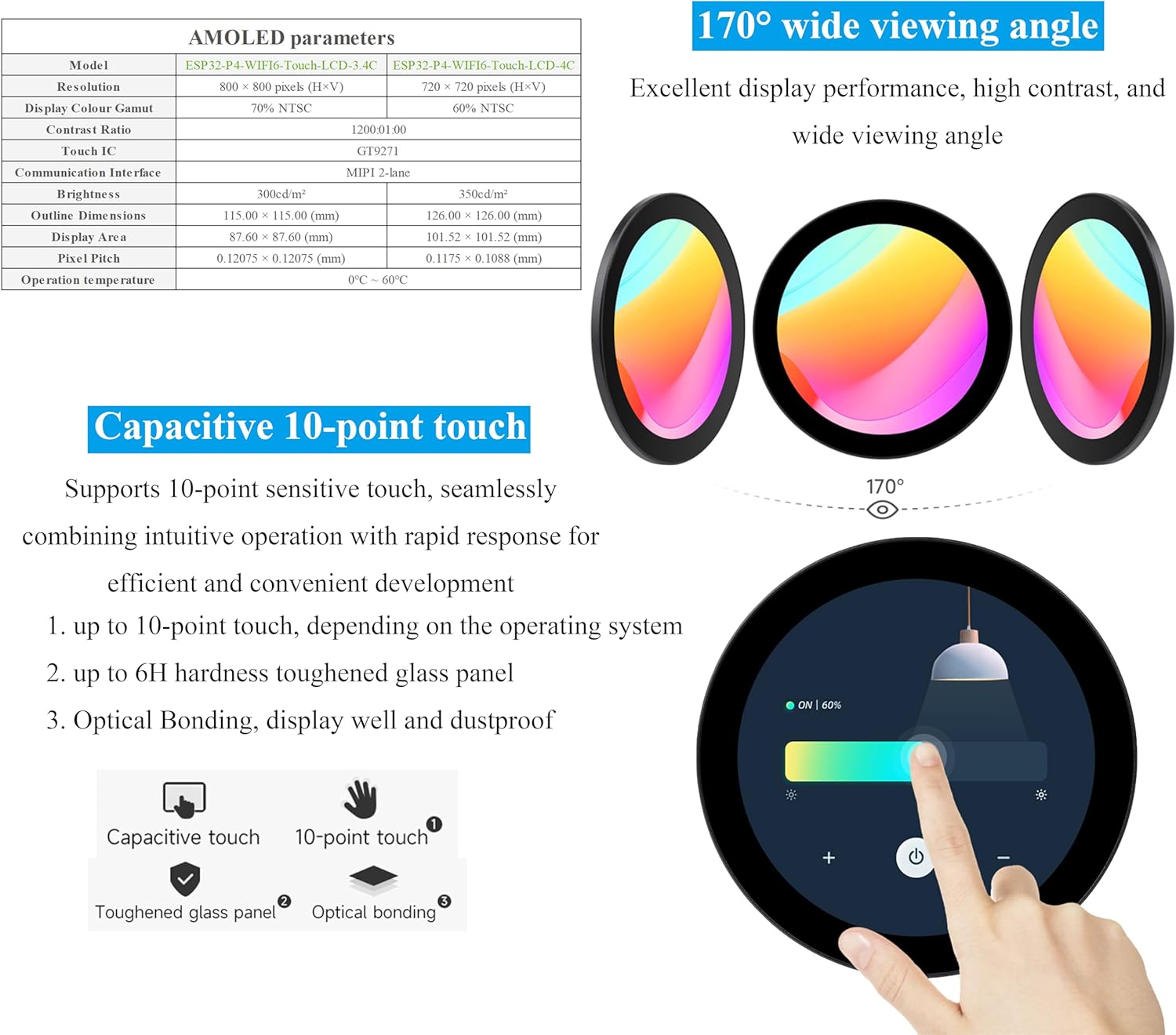ESP32-P4 3.4 inch Round Touch Display Development Board, IPS LCD, 800x800 Resolution, Support WFi 6 / BLE 5,Onboard Dual Microphones, Audio Input/Output, Supports AI Voice Interaction