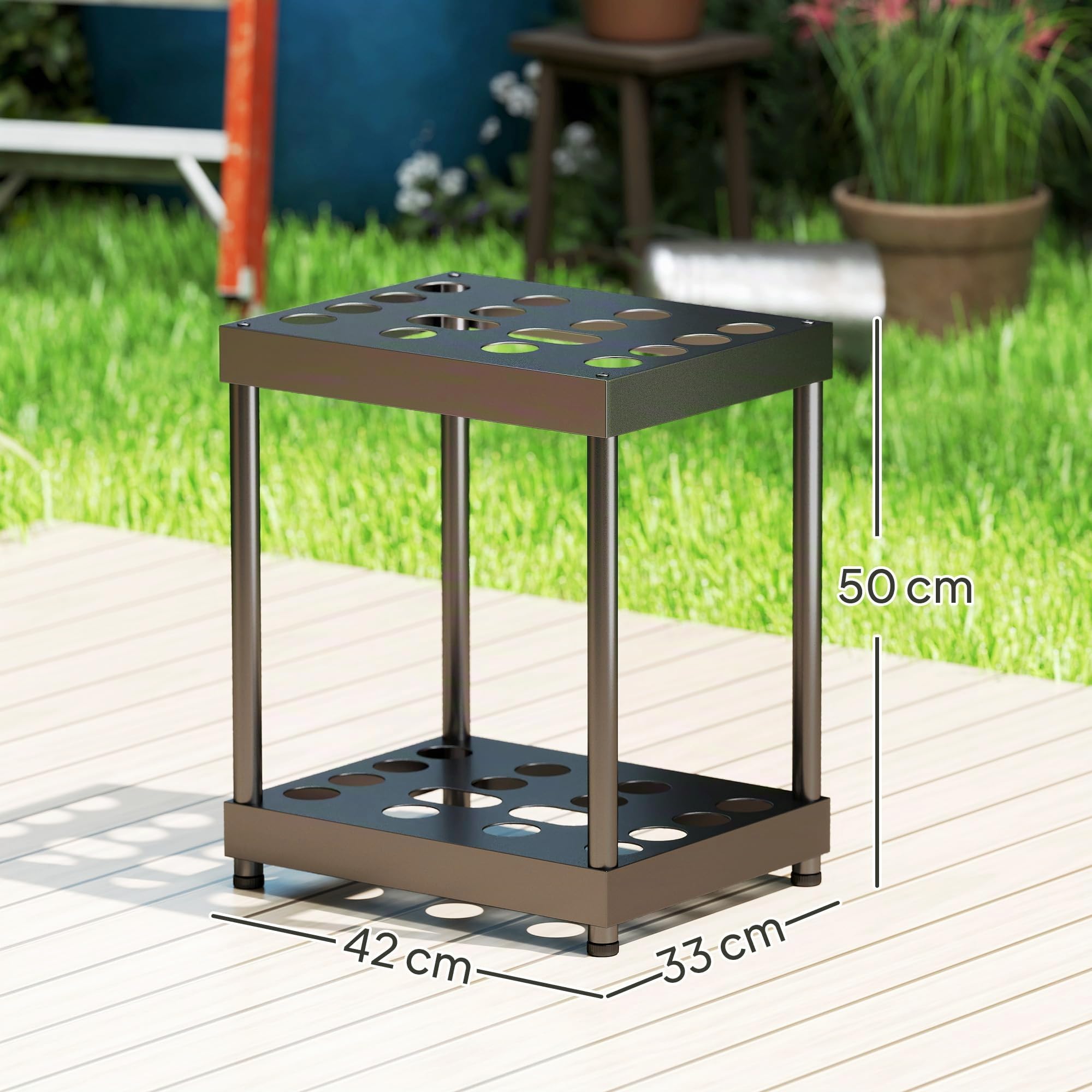 Outsunny Organizzatore per Attrezzi da Giardino, Porta Attrezzi da Giardino a 16 Scomparti a 2 Livelli con Cuscinetti Regolabili per Forbici da potatura, Pale, rastrelli, per capannone, Garage, Nero