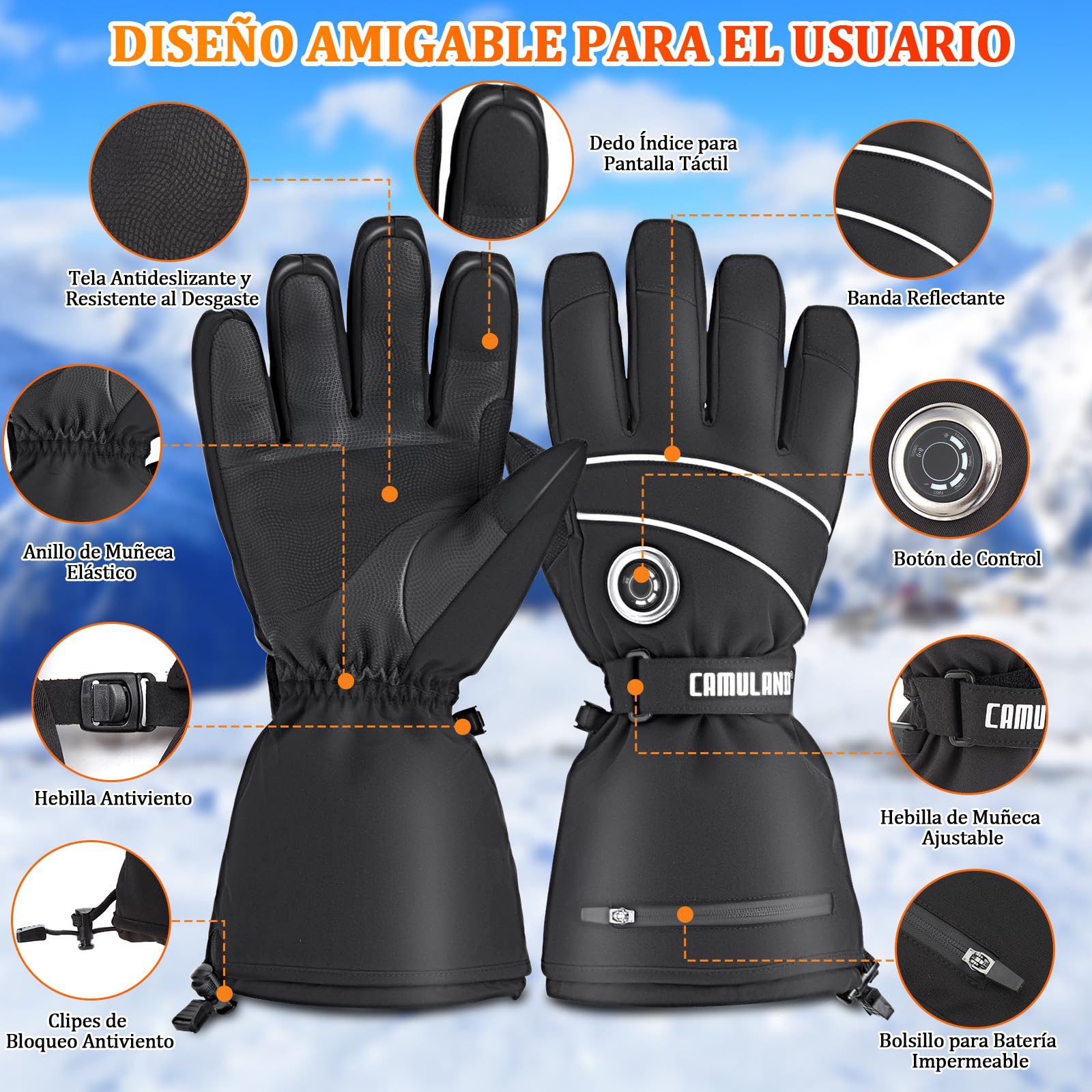 CAMULAND Guantes Calefactables 10000mAh para Hombre y Mujer - 4 Niveles de Calor, Impermeables y Resistentes al Viento - Compatibles con Touchscreen para Moto, Esquí, Senderismo, Trabajo Exterior