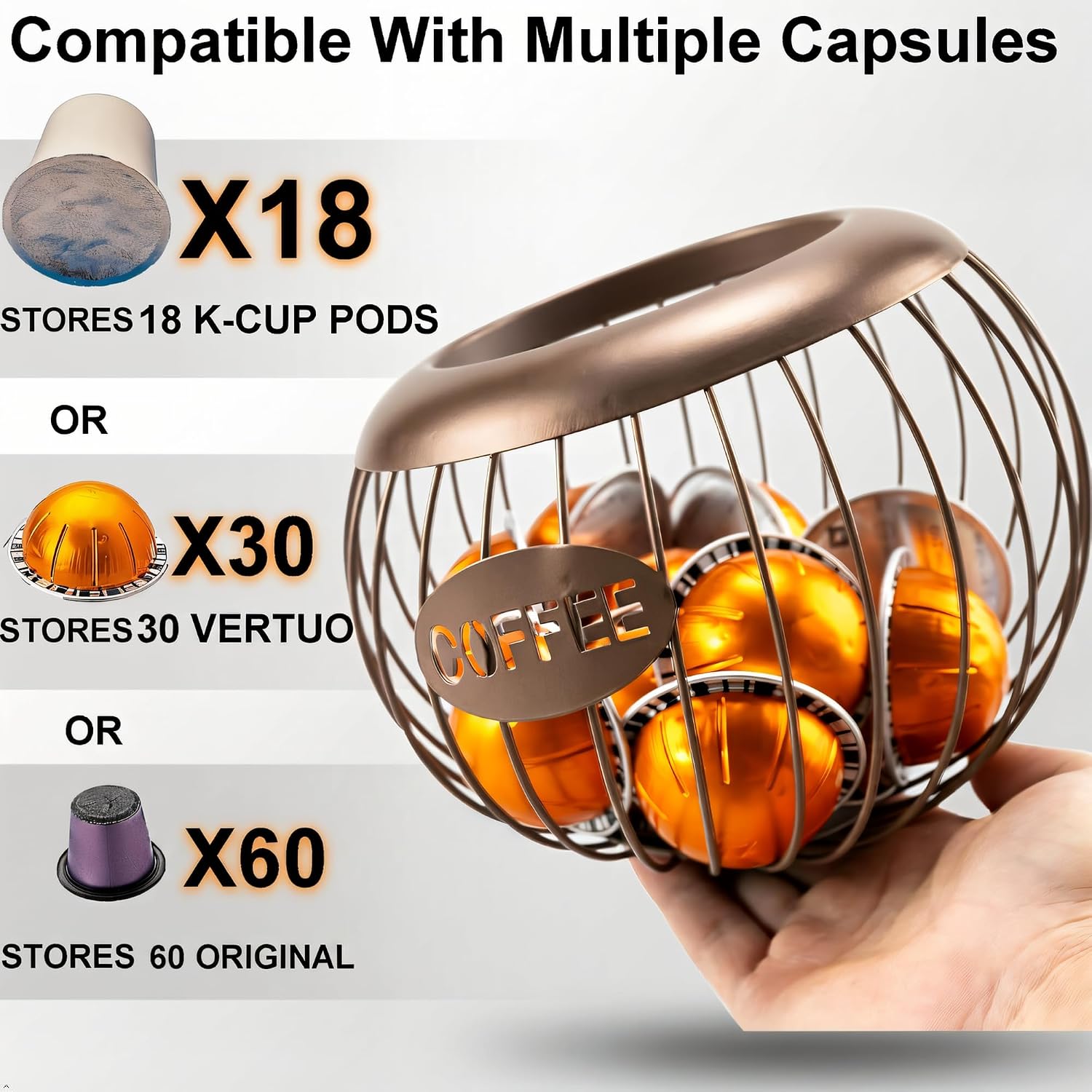 Brown Coffee Pod Holder Basket Compatible with Nespresso Vertuo & K-Cup, Metal Wire Coffee Capsule Organizer for Countertop Storage, Holds Up to 30 Vertuo Pods or 18 K Cups