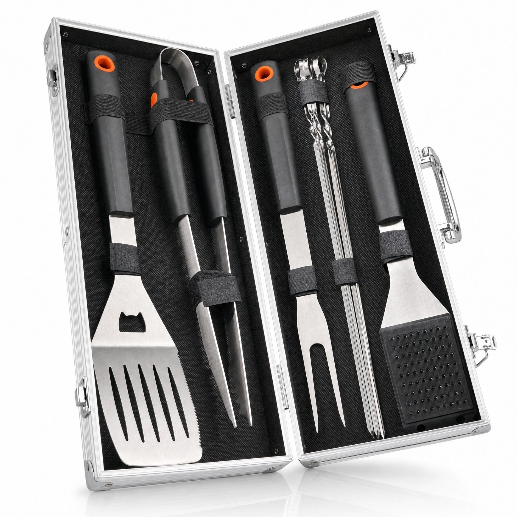 Set attrezzi barbecue per uomo in acciaio inox nella valigetta in metallo