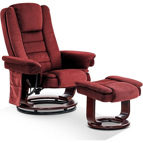 MCombo Swivel Recliner with Ottoman Chair, TV Chair Sets with Vibration Massage, for Small Space Living Room Bedroom 9096 9099 (Textile, Burgundy)