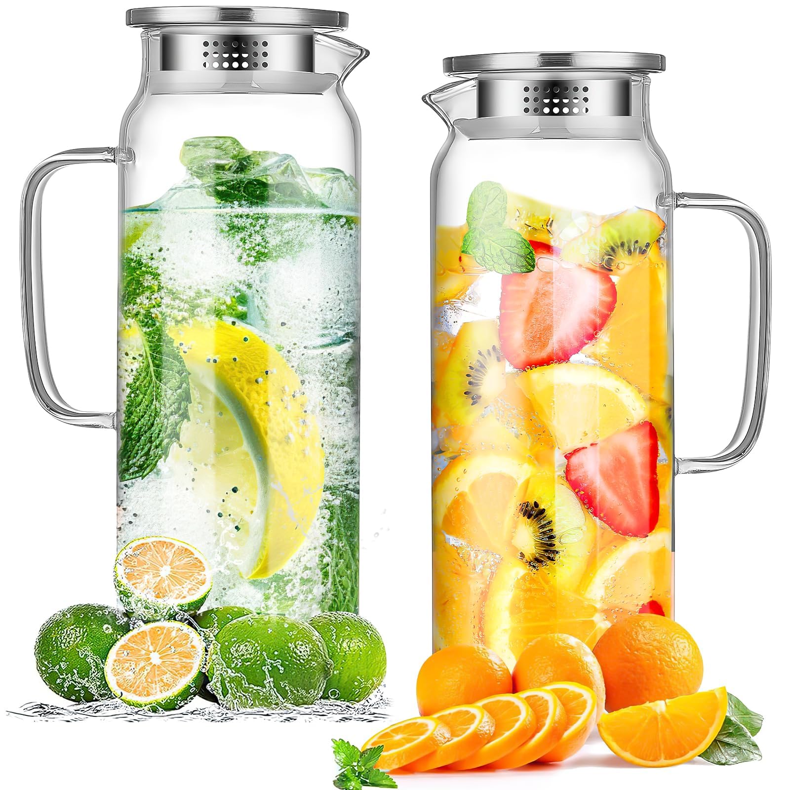 2 caraffa in vetro con coperchio, 2 l, brocca in vetro trasparente per caraffa, brocca borosilicata con manico per acqua calda e fredda, succhi di frutta, latte, tè, caffè e bevande in frigorifero