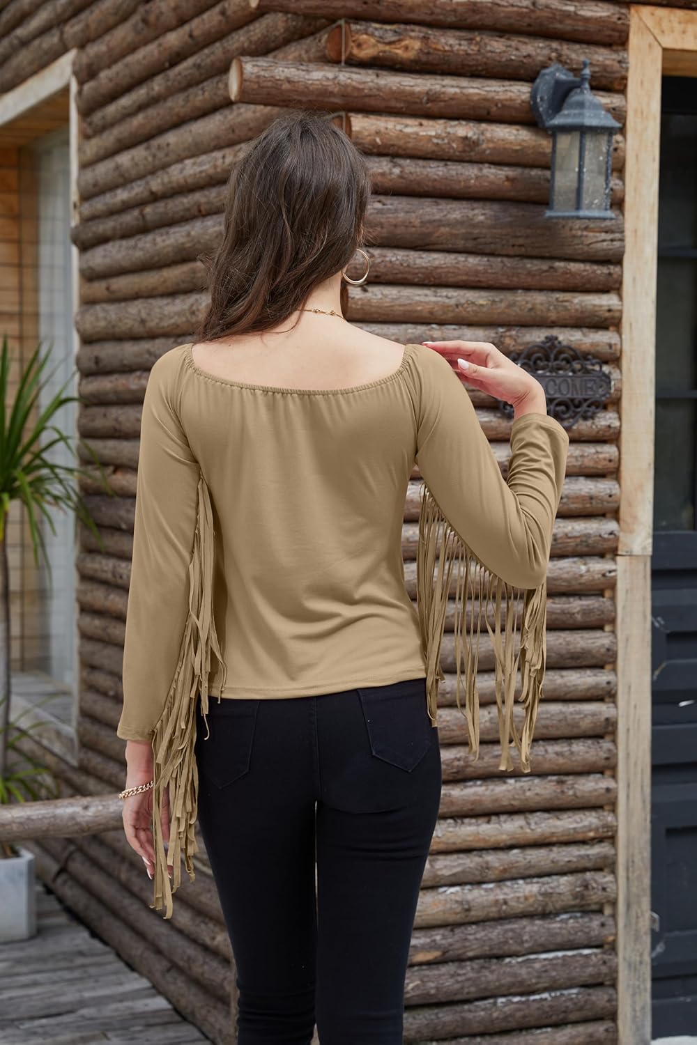 Off The Shoulder Fringe Tops for Women Western Cowgirl Outfits Stretchy Fall Long Sleeve Crop Tassel Shirts Y2K - Image 5
