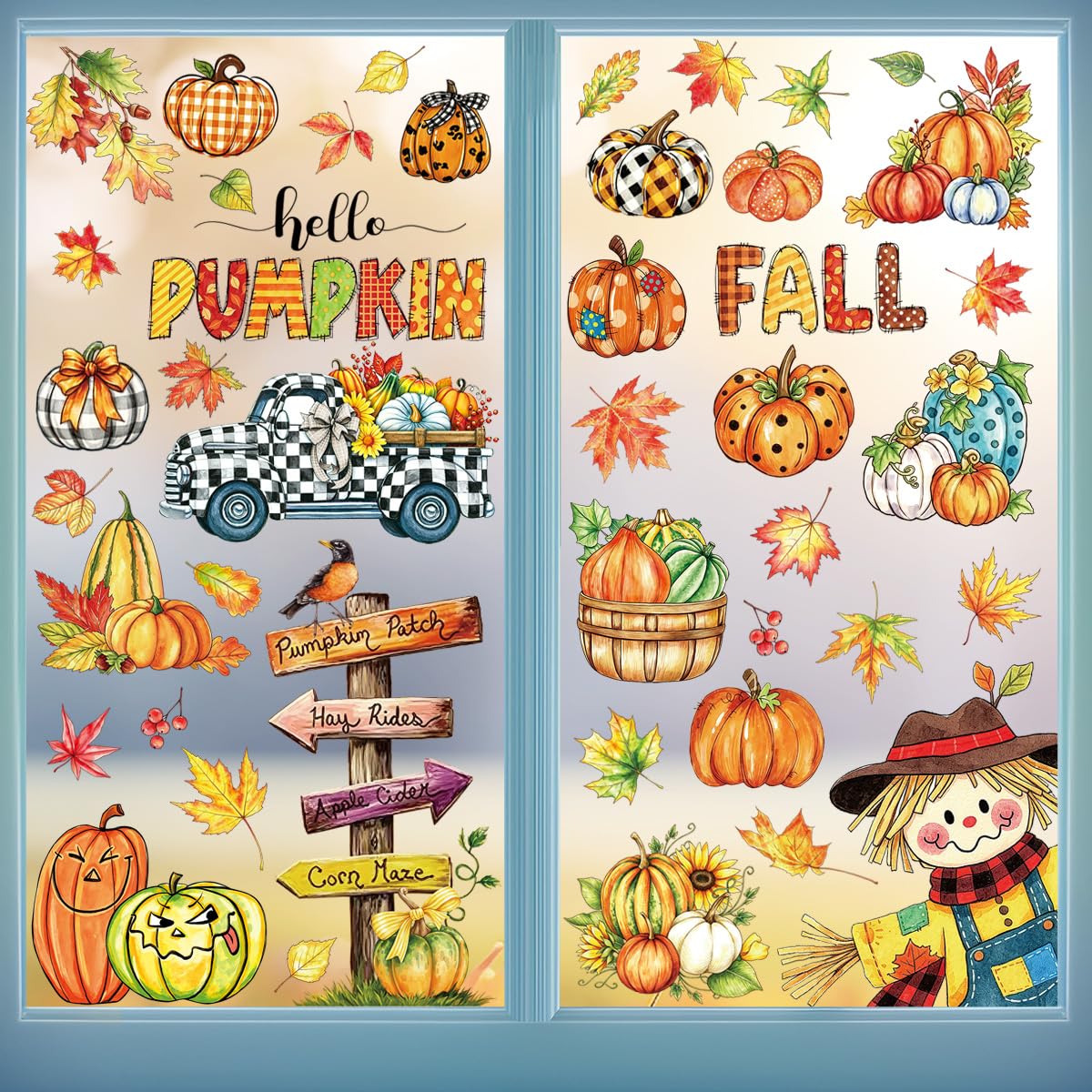 9 Sheets Thanksgiving Window Clings Autumn Decor, 74Pcs Window Decals Fall Decors. Maple Leaves Pumpkin Nuts Window Stickers Decorations for Party Thanksgiving Indoor Outdoor