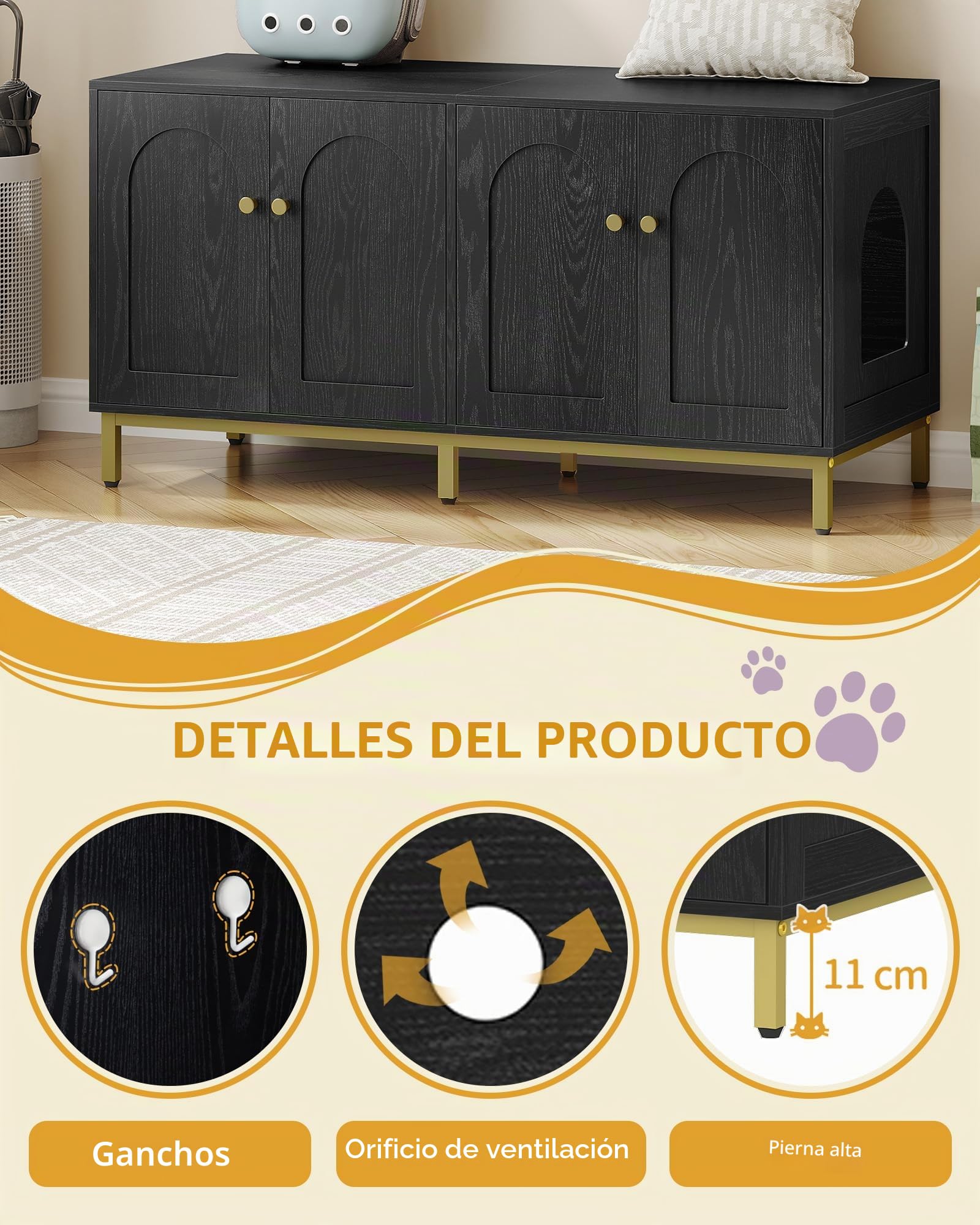 Hzuaneri Caja de Arena para 2 Gatos, 119cm Mueble para Caja de Arena Oculta, Casa de Madera para Mascotas, Mueble de Almacenaje, Se Adapta a la Mayoría de Arenero Gato, Negro CB82304A