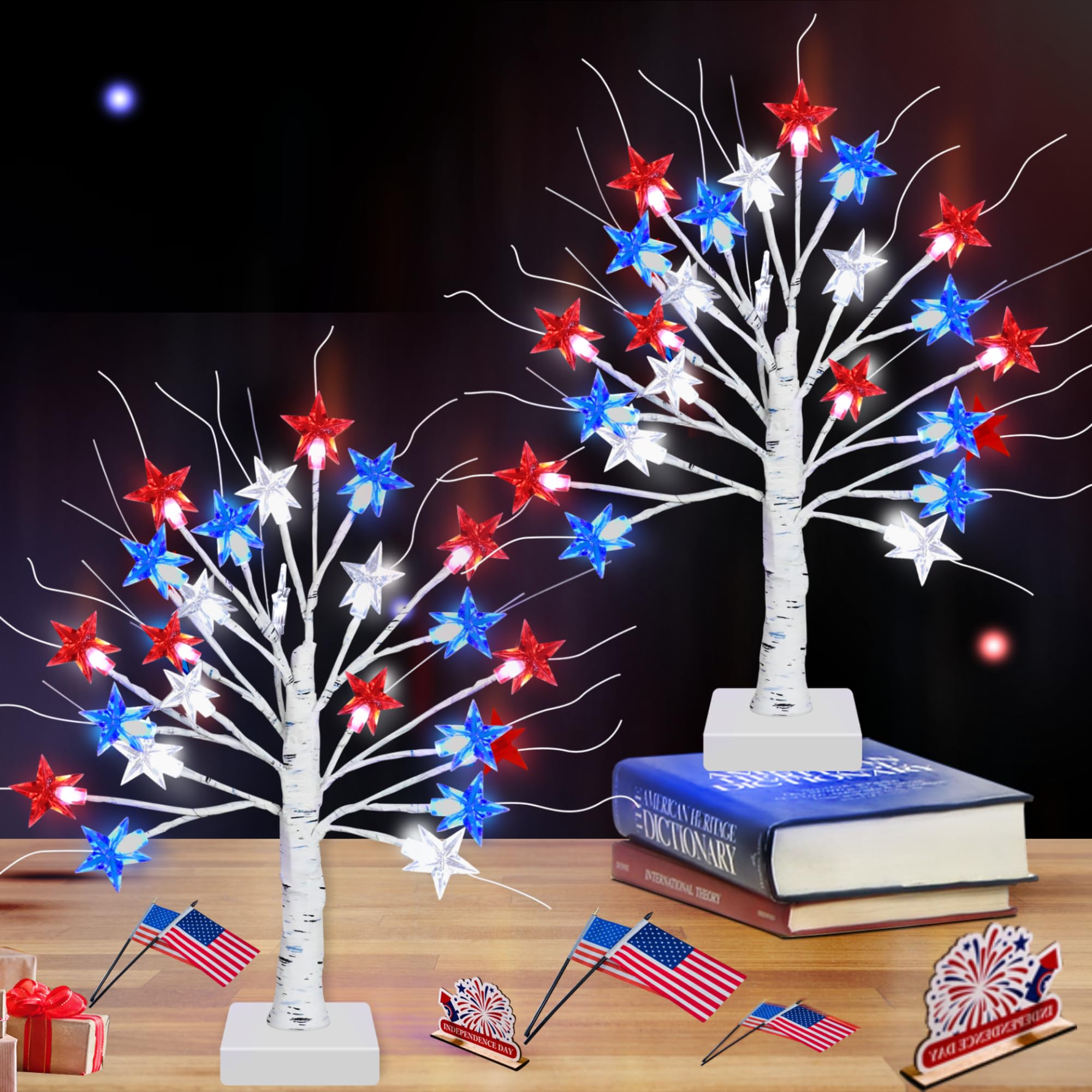 2 Pack 18 Inch 4th of July Decorations Tree with 24 LED Red White Blue Star Lights, Timer/USB/Battery Operated Fourth of July Patriotic Decor Tree Lights for Home Table Independence Day Memorial Day