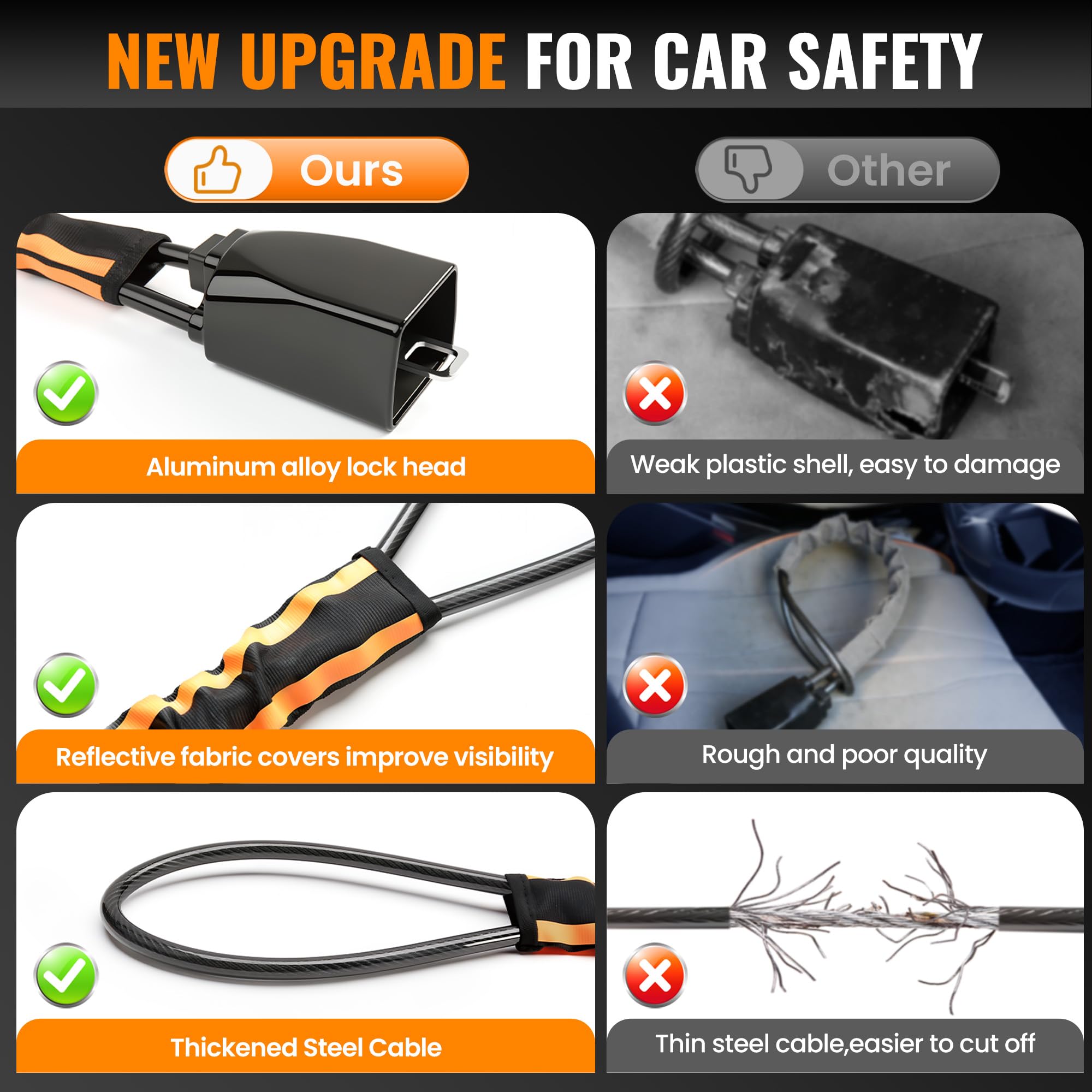 Upgraded Reflective Stripe Steering Wheel Lock,Seat Belt Lock,Metal Head,Heavy Duty Universal Car Lock Steering Wheel,High Visibility Car Locks Anti-Theft Device,3Keys (Orange) — view 3