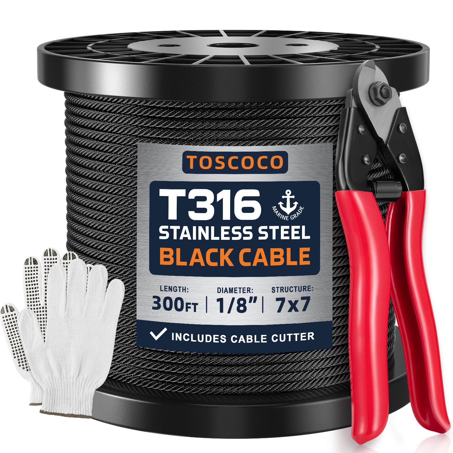 Toscoco 700 Feet 1/8" Black Stainless Steel Cable Wire Rope For Deck Cable Railing Kit T316 Marine Grade 77 Strands Construction Rustproof Black Aircraft Cable With A Cutter Diy Balustrade - View #7